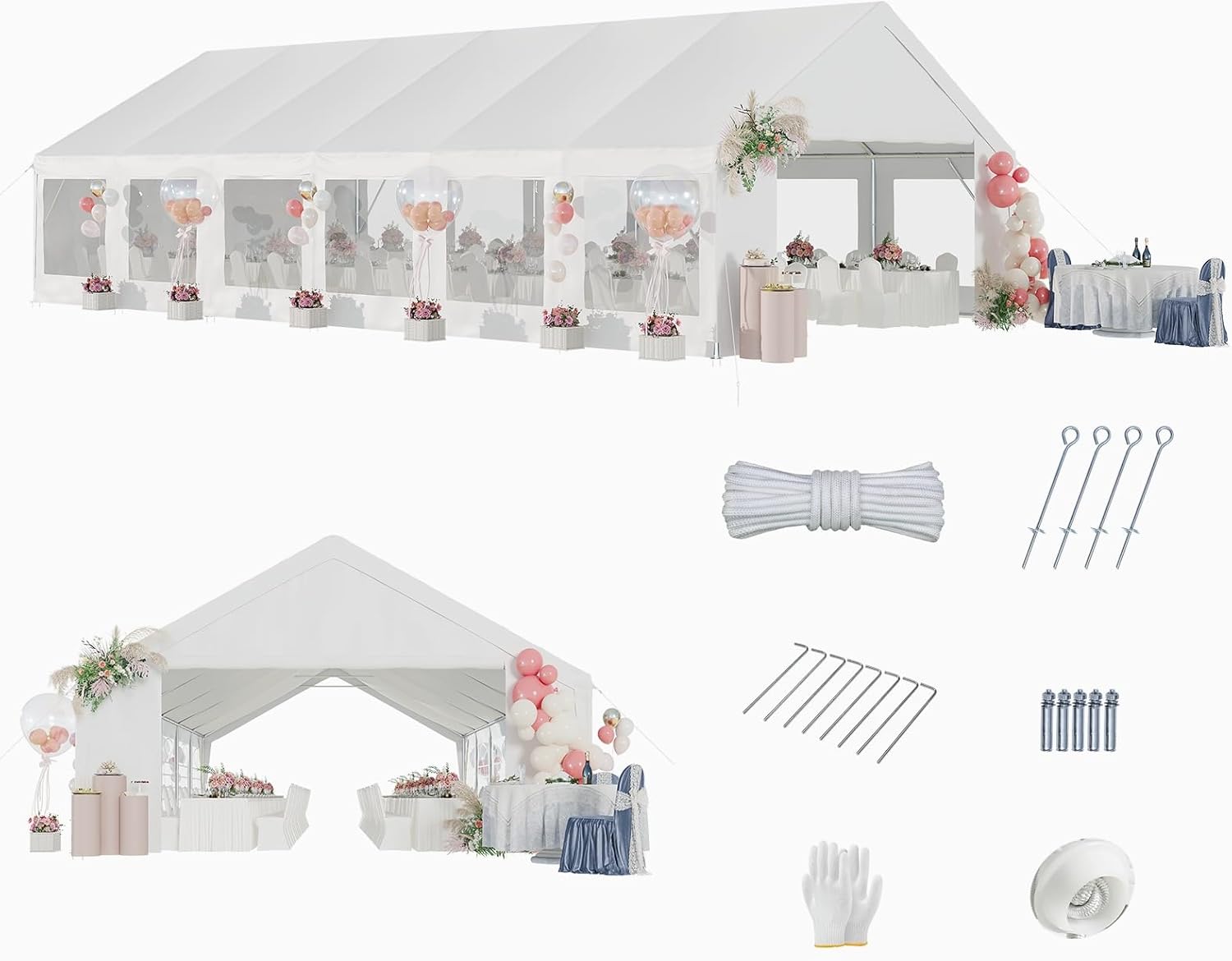 Aoxun Party Tent Canopy for Weddings Waterproof Event Tent with Removable Sidewalls &Roll-up Door, Heavy-Duty Steel Frame for Outdoor Weddings, BBQ, Birthday Parties, & Camping,White