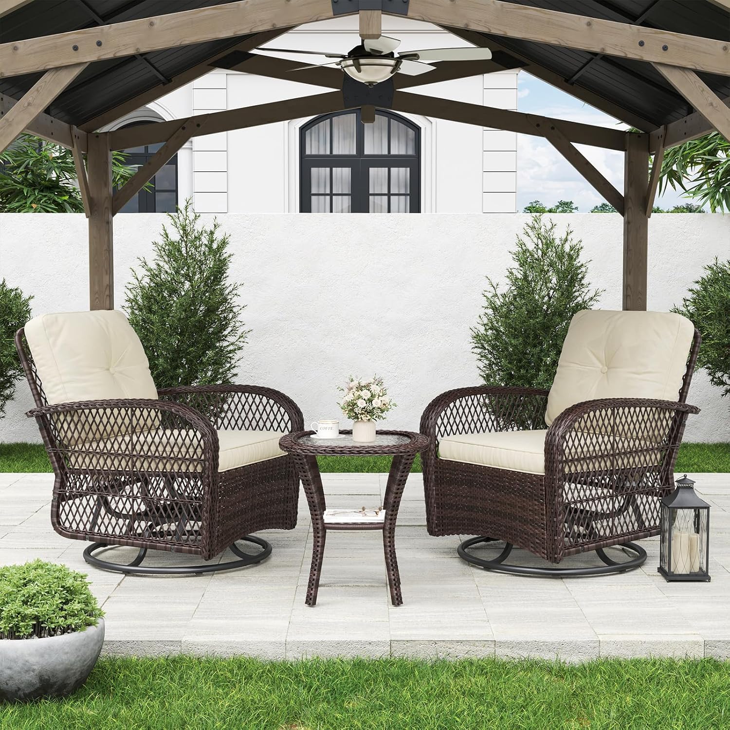 3 pcs Swivel Rocking Chairs & Tempered Glass Table Set