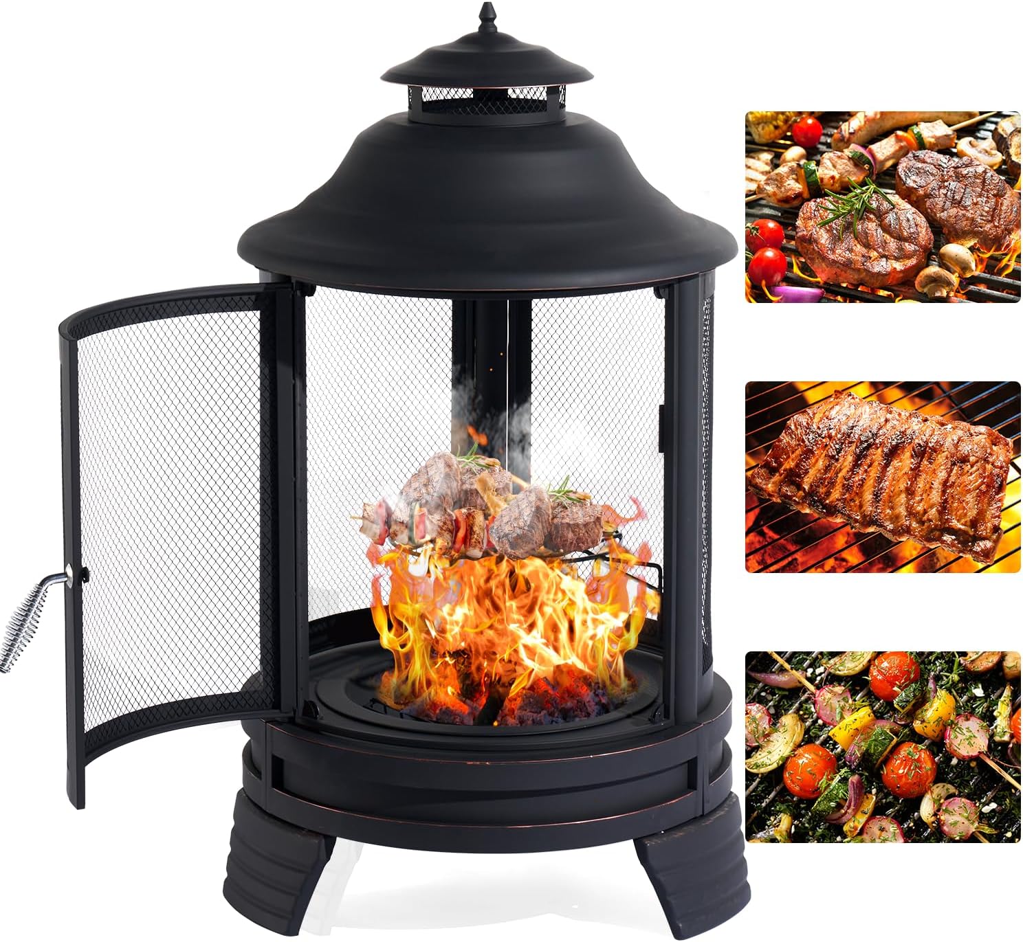 Fire Pit with Cooking Grate Grill, Outdoor Wood Burning Fire Pit with Cover & Fire Poker