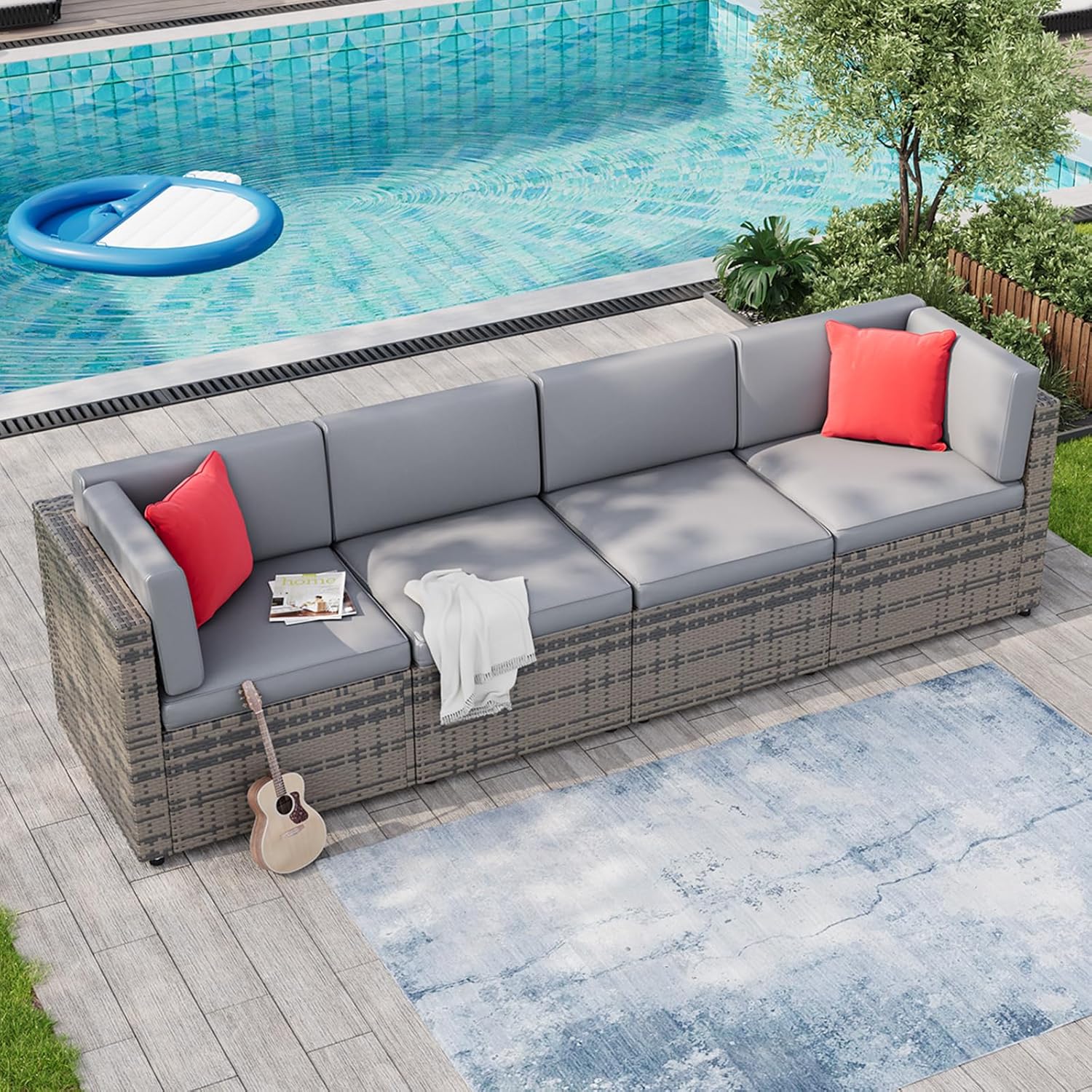 Aoxun 4 Piece Patio Furniture Set, Wicker Outdoor Furniture Set with 2 Pillows, Small Patio Sectional Outdoor Couch for Garden, Backyard, Porch,Grey