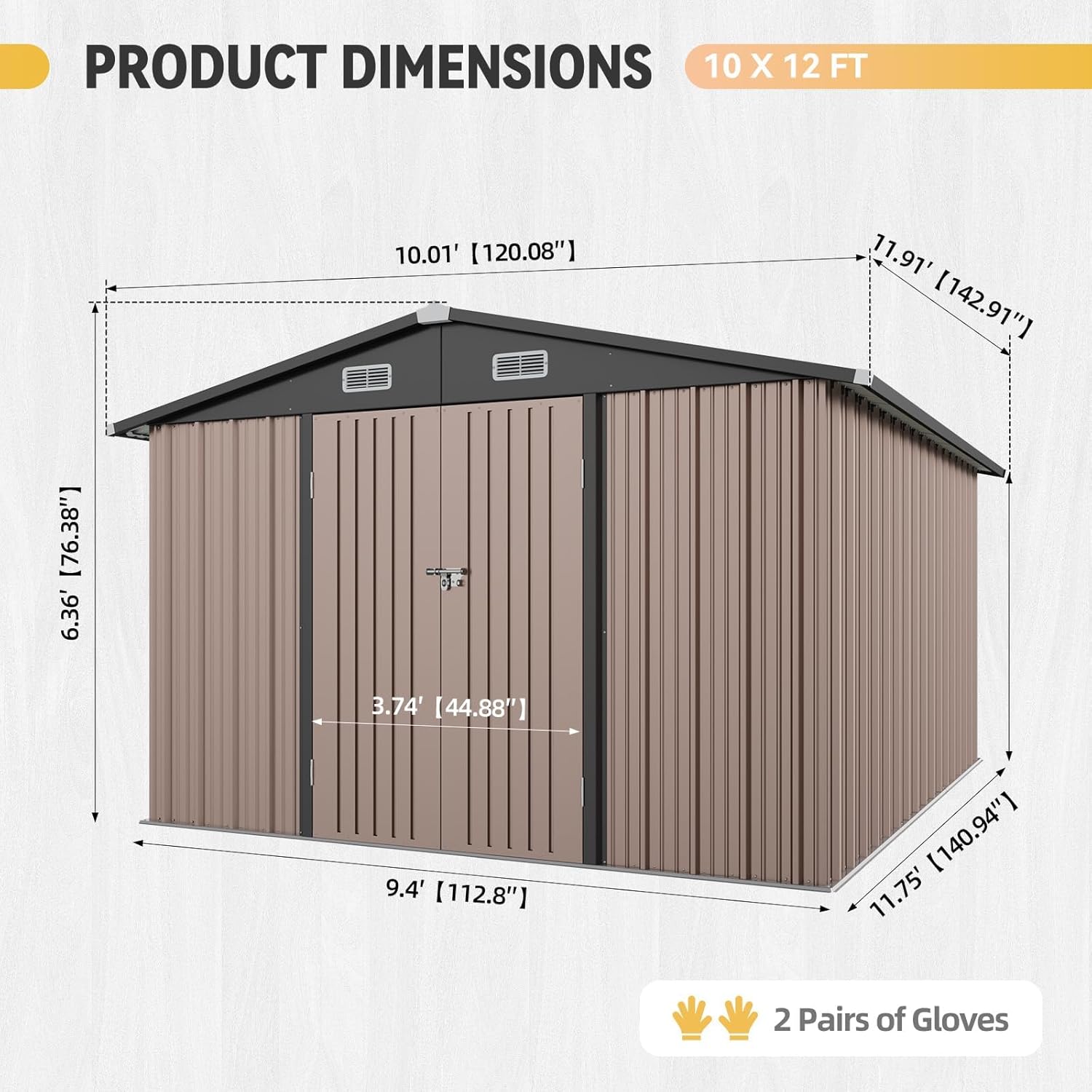 Aoxun 10x12FT Shed with Floor Galvanized Steel Outdoor Storage Shed (Brown) Metal Garden Shed with Double Doors, Moisture-Proof Floor & Ventilation, Sloped Roof for Garden, Patio, Backyard