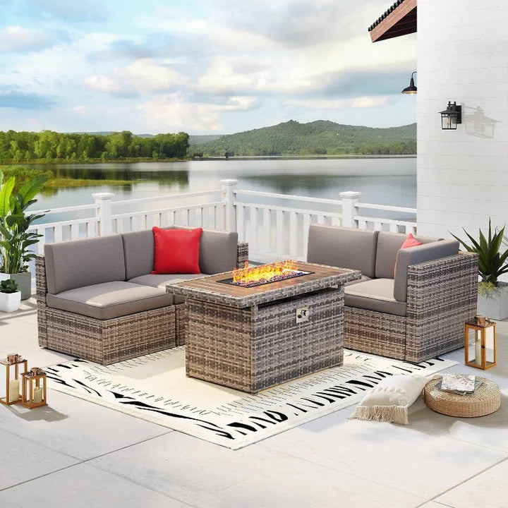 Wicker Patio Furniture Sofa Set with Fire Pit Table