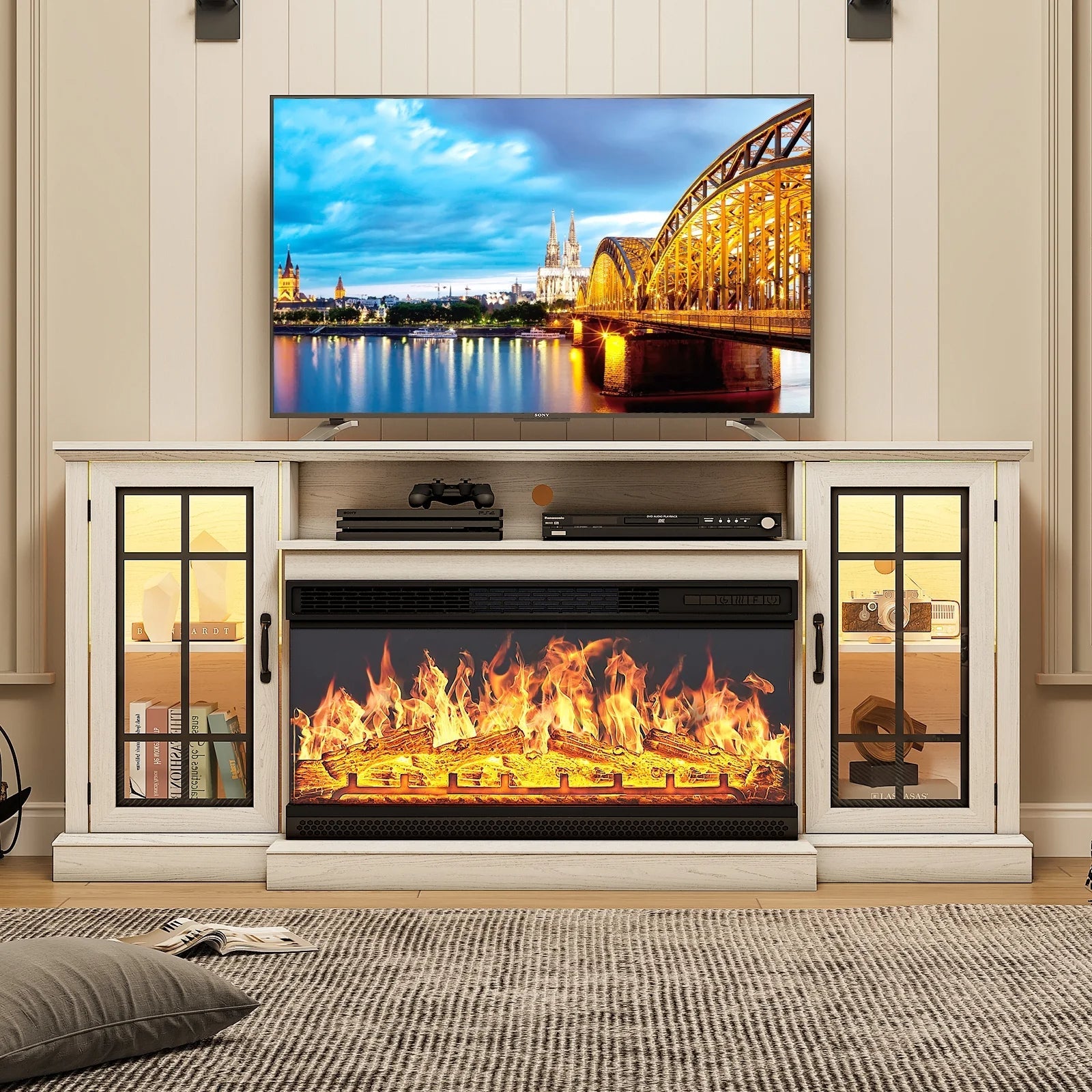 Fireplace TV Stand for TVs up to 80", LED Light Entertainment Center with 3-Sided Glass Fireplace, TV Console, White