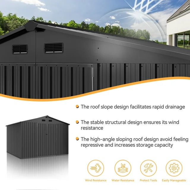 10 x 8 ft Outdoor Storage Shed with Floor, Metal Tool Shed with Door and Lock for Garden,Black