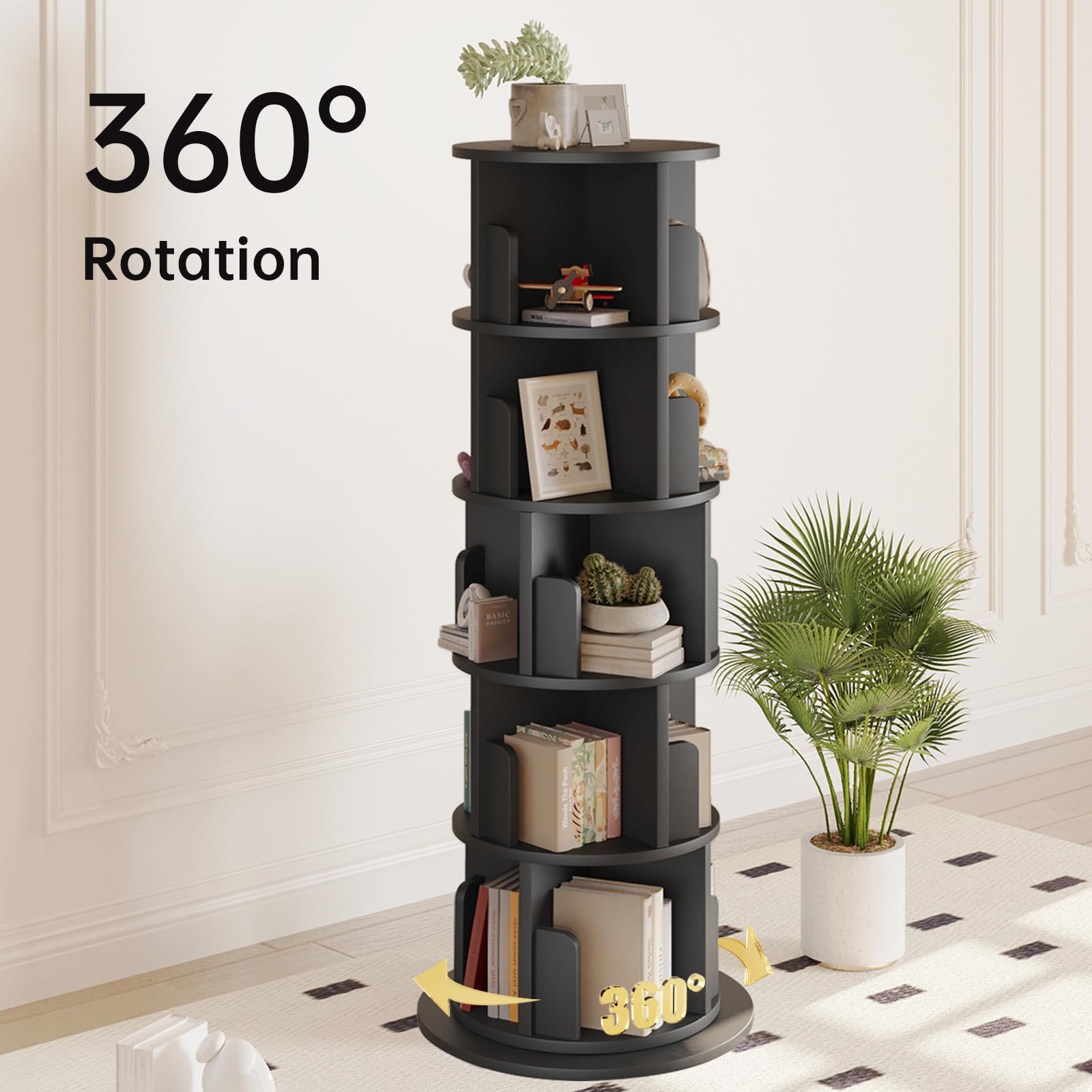 5 Tier Rotating Bookshelf, 360° Rotating Wood Floor Standing Bookcase, Freestanding Storage Shelf, Swivel Bookshelf Display Rack, Black