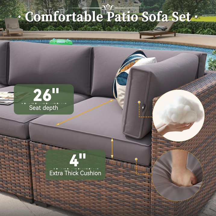 Aoxun 15 Piece Patio Furniture Set with 44” Fire Pit Table Wicker Rattan Outdoor Sectional Sofa Set with Coffee Table and 4” Thickened Cushions, Gray (Waterproof Cover Included)