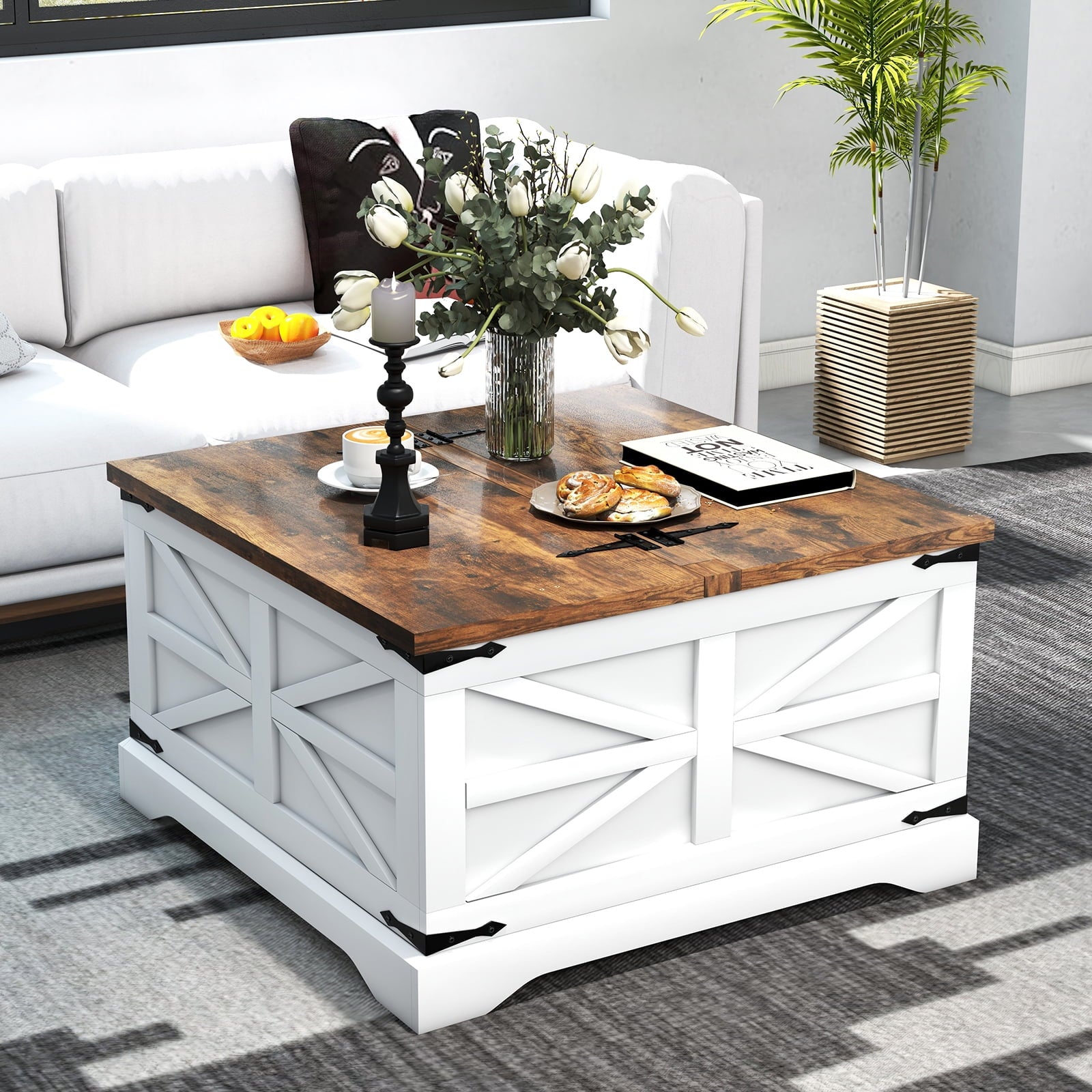 Farmhouse Coffee Table with Storage, Square Coffee Table for Living Room, White