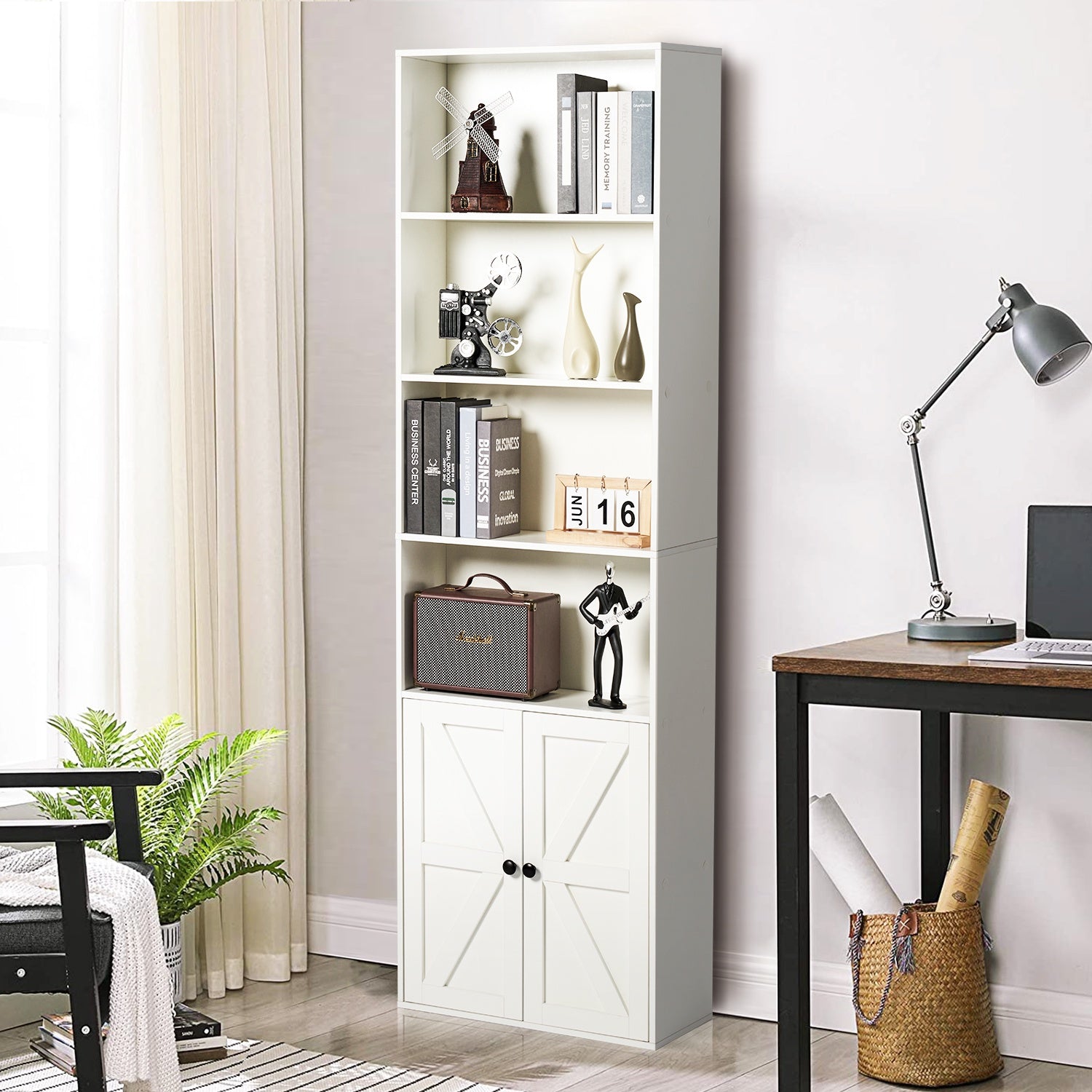 6 Shelf Bookcase with Cabinet Doors, 71in Tall Wooden Bookshelf for Living Room and Home Office, White