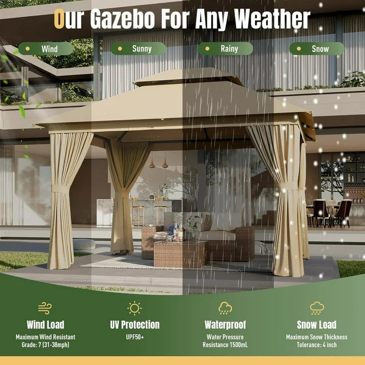 AOXUN Outdoor Gazebo for Patio 10x12, Metal Frame Canopy with Double Roofs, Heavy Duty Party Tent and Shelter with Mosquito Netting and Privacy Screen for Backyard, Lawn, Garden,Deck (Beige)