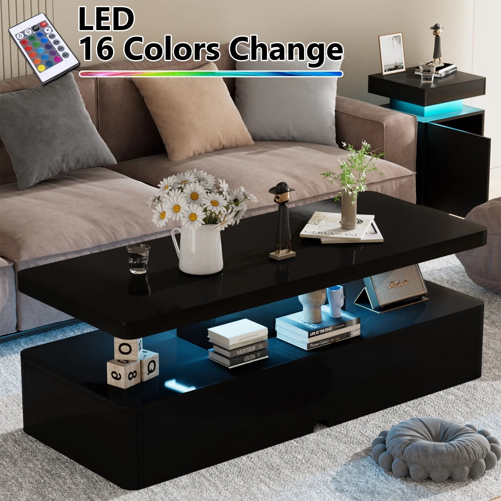 Modern Stylish Coffee Table with 16 Colors LED Lights, Double-Layer Design for Living Room, Black High Gloss Acrylic