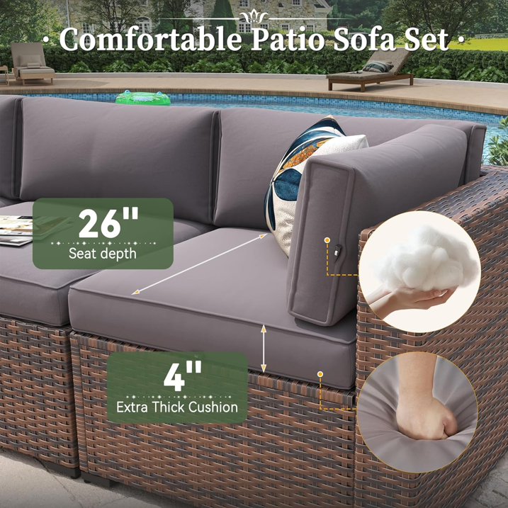 Aoxun 14 Piece Patio Furniture Set Wicker Rattan Patio Conversation Set Outdoor Sectional Sofa Set with Coffee Table and 4” Thickened Cushions, Gray(Waterproof Cover Included)