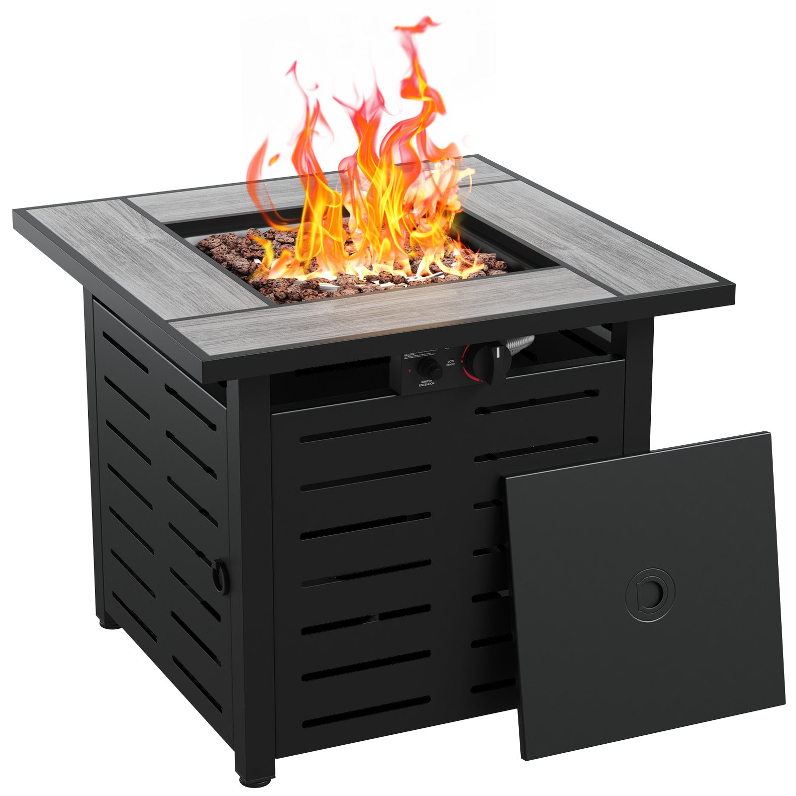 Aoxun 28" Propane Fire Pit Table, 50000 BTU Outdoor Patio Heater with Ceramic Top & Lava Rocks, Square Gas Fire Pits for Outside Patio with Removable Lid, Black