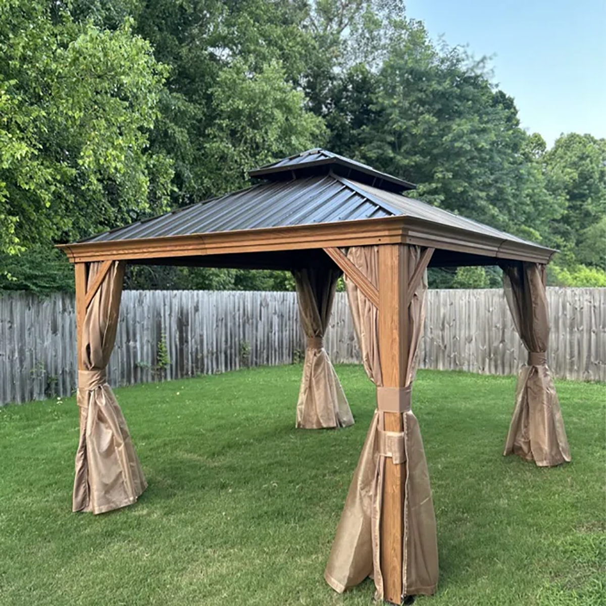 Wood Grain Hardtop Gazebo with Rain Gutter