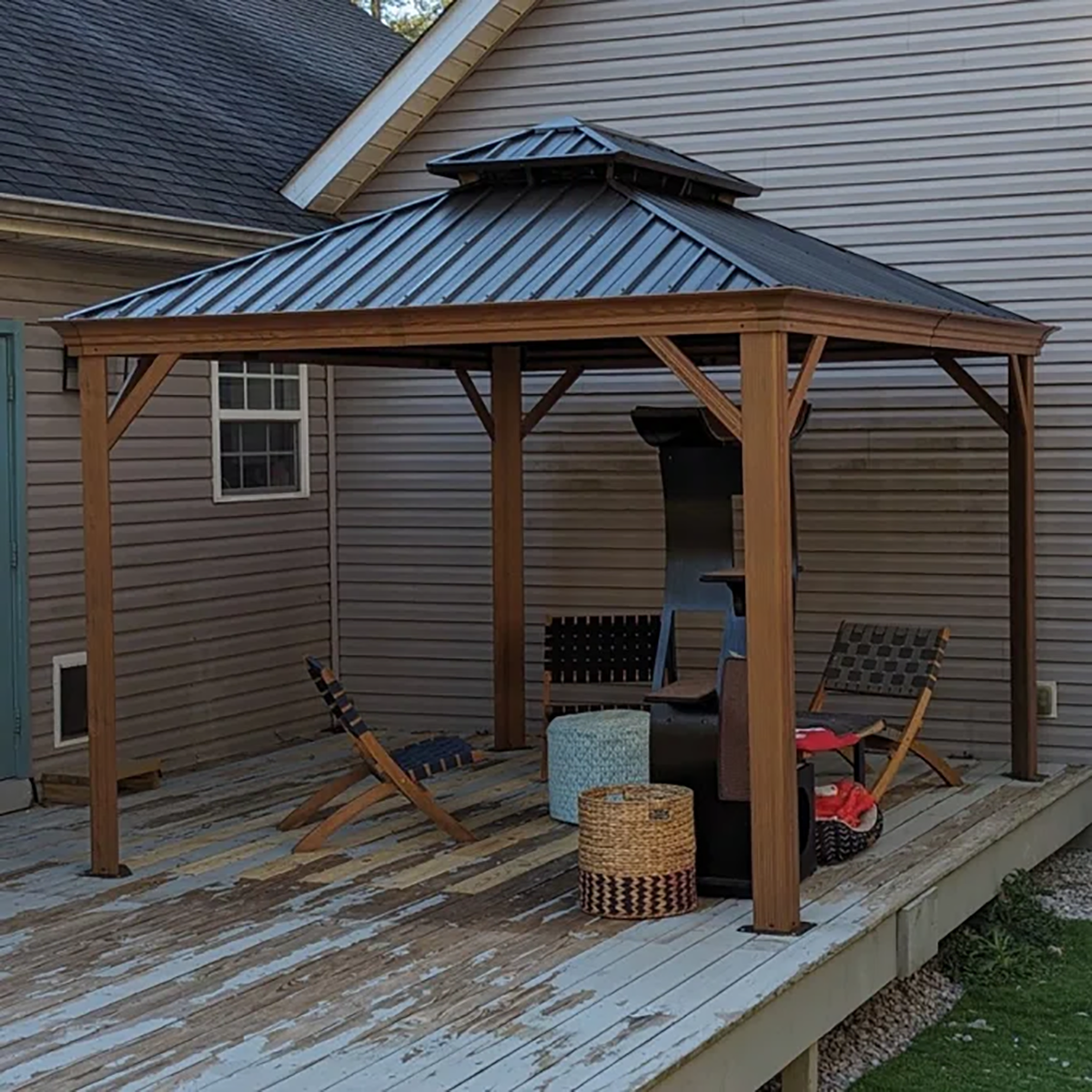 Wood Grain Hardtop Gazebo with Rain Gutter