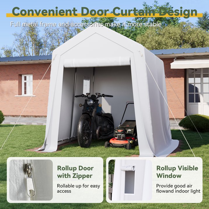 Aoxun 6x8 FT Portable Carport Shed, Waterproof Outdoor Storage Tent with Zipper Door for Garden Tools, Bicycle, Motorcycle, Generator Cover, White