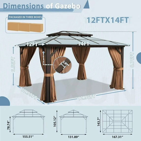 Aoxun 12'x14' Hardtop Gazebo, Aluminum Frame Permanent Pavilion with Curtains and Netting, Outdoor Polycarbonate Double Roof Canopy, Designed for Garden, Brown