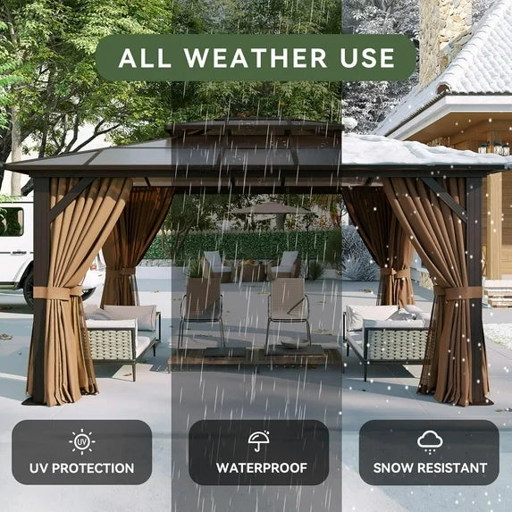 Aoxun 12'x14' Hardtop Gazebo, Aluminum Frame Permanent Pavilion with Curtains and Netting, Outdoor Polycarbonate Double Roof Canopy, Designed for Garden, Brown