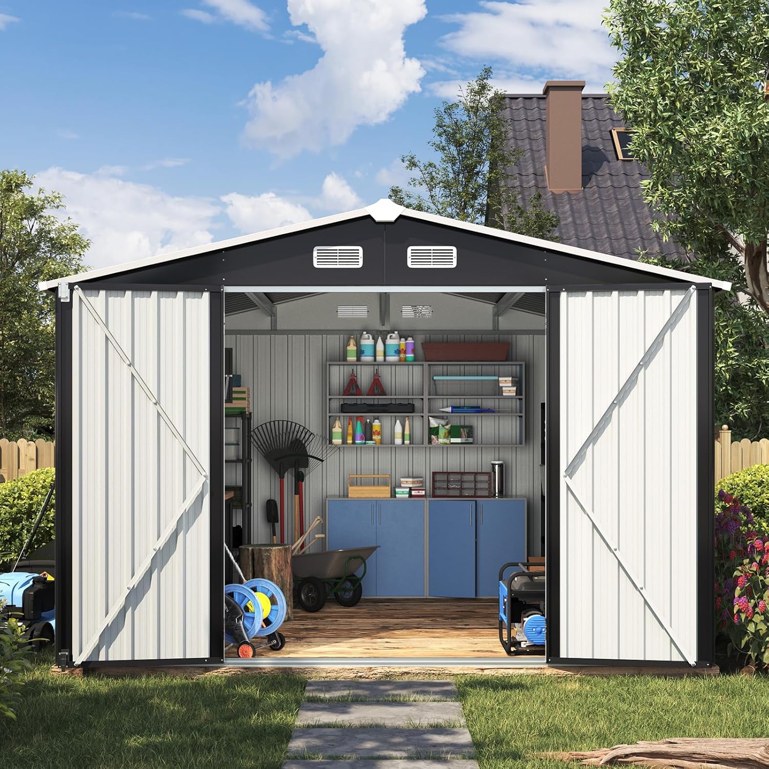 Utility Metal Shed, Steel Tool Shed with Air Vent and Lockable Door