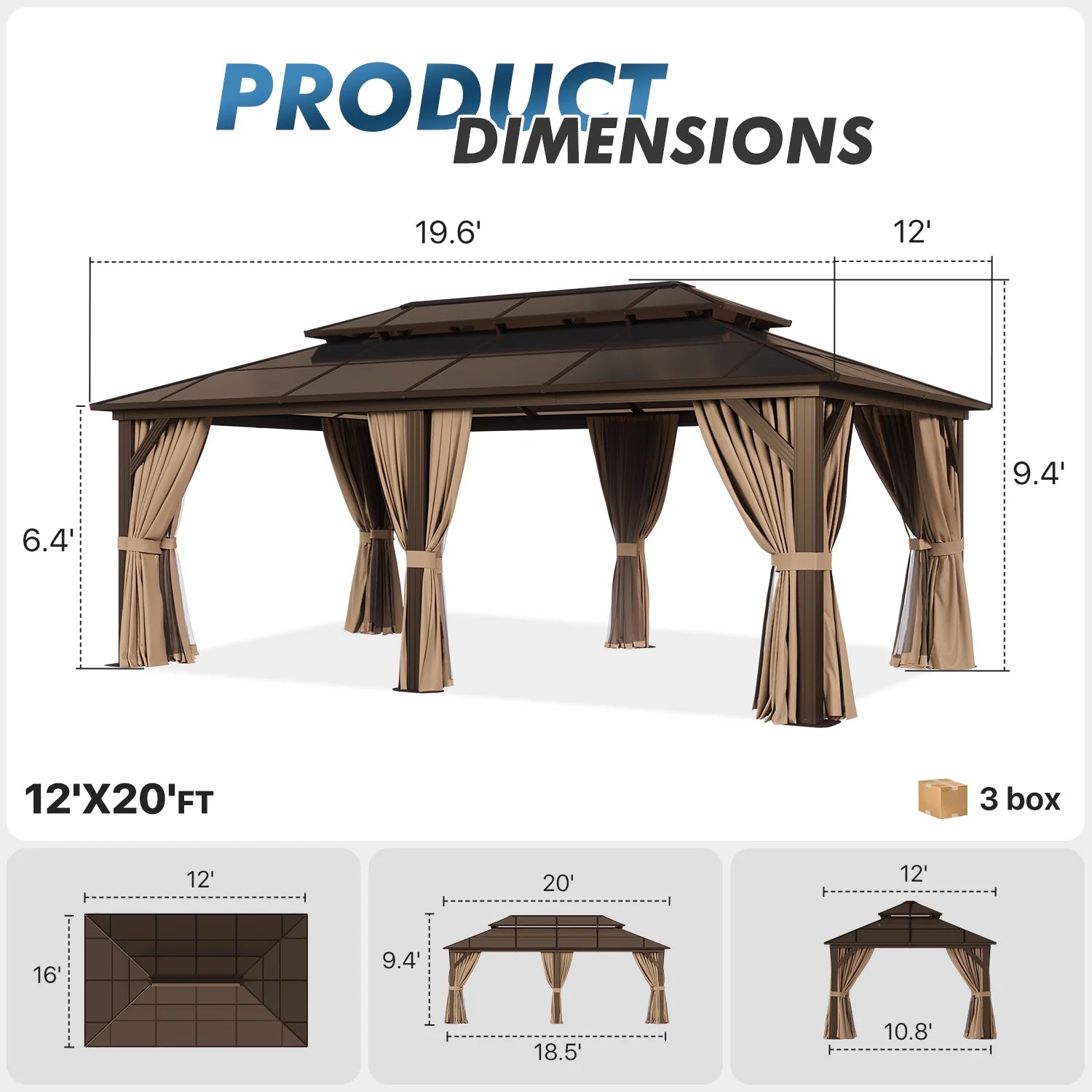 Sunmthink 12'x20' Hardtop Steel Gazebo - Durable Polycarbonate Double-Roof Design with Included Privacy Curtains & Bug Netting - Ideal for Gardens, Patios and Backyards (Brown)