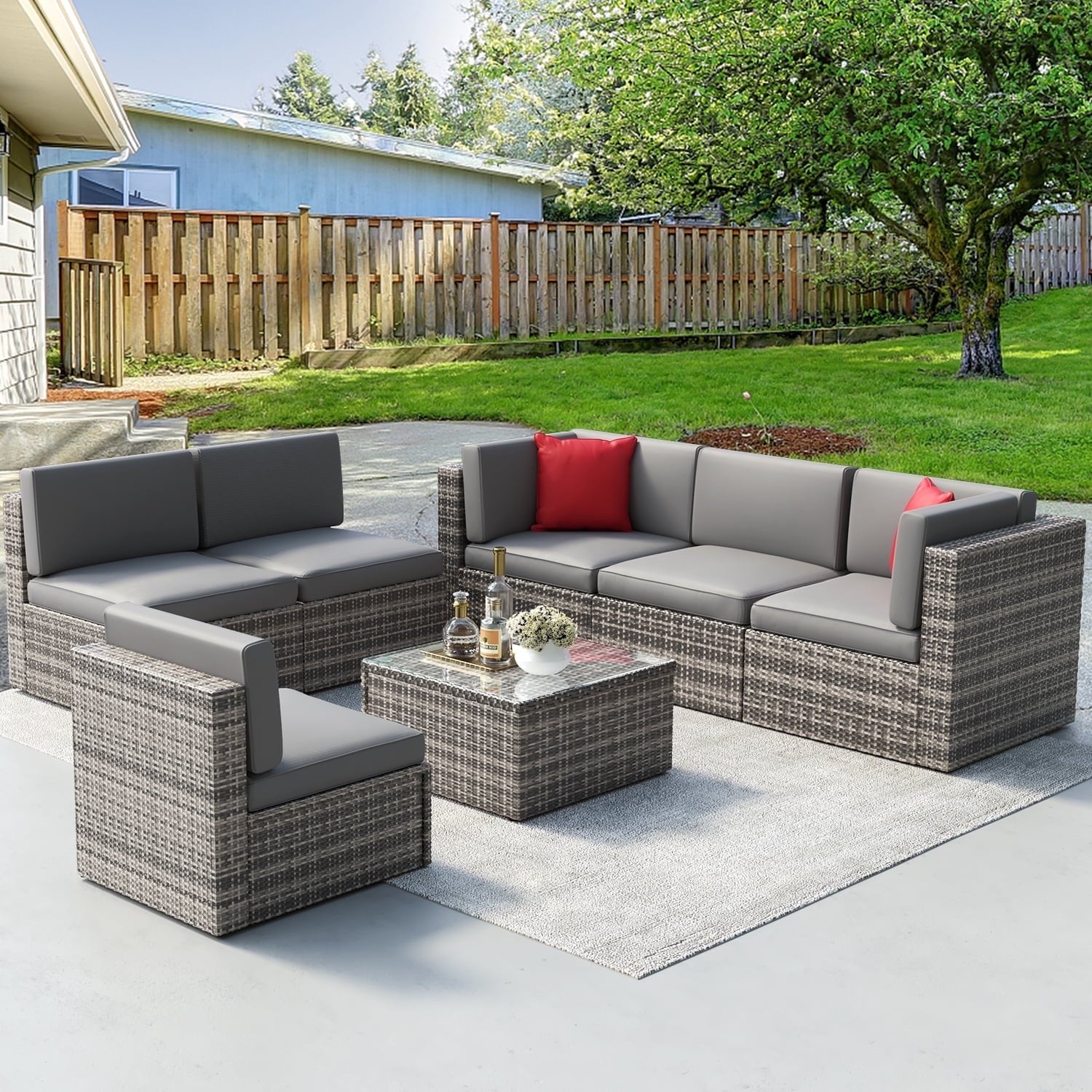 7 Pcs Furniture Sets, PE Rattan Conversation Sets with Cushions, Grey