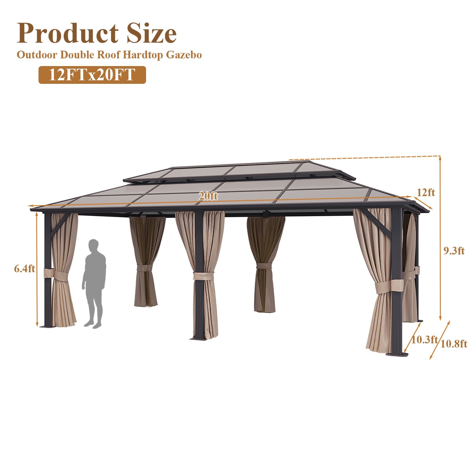 12'x20' Outdoor Hardtop Gazebo, Double Polycarbonate Roof Gazebo Canopy Aluminum Frame Permanent Pavilion with Curtains and Netting for Garden,Patio, Backyard,Brown