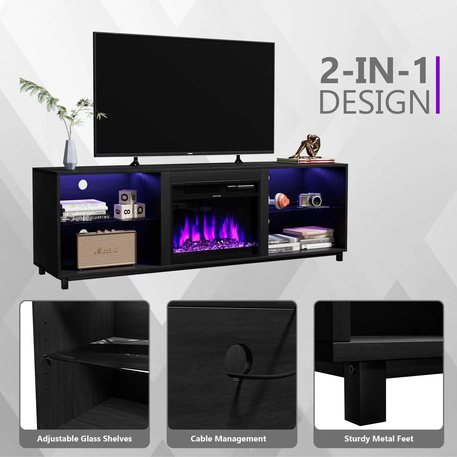 Fireplace TV Stand for TVs up to 80", Entertainment Center with LED Light, Black