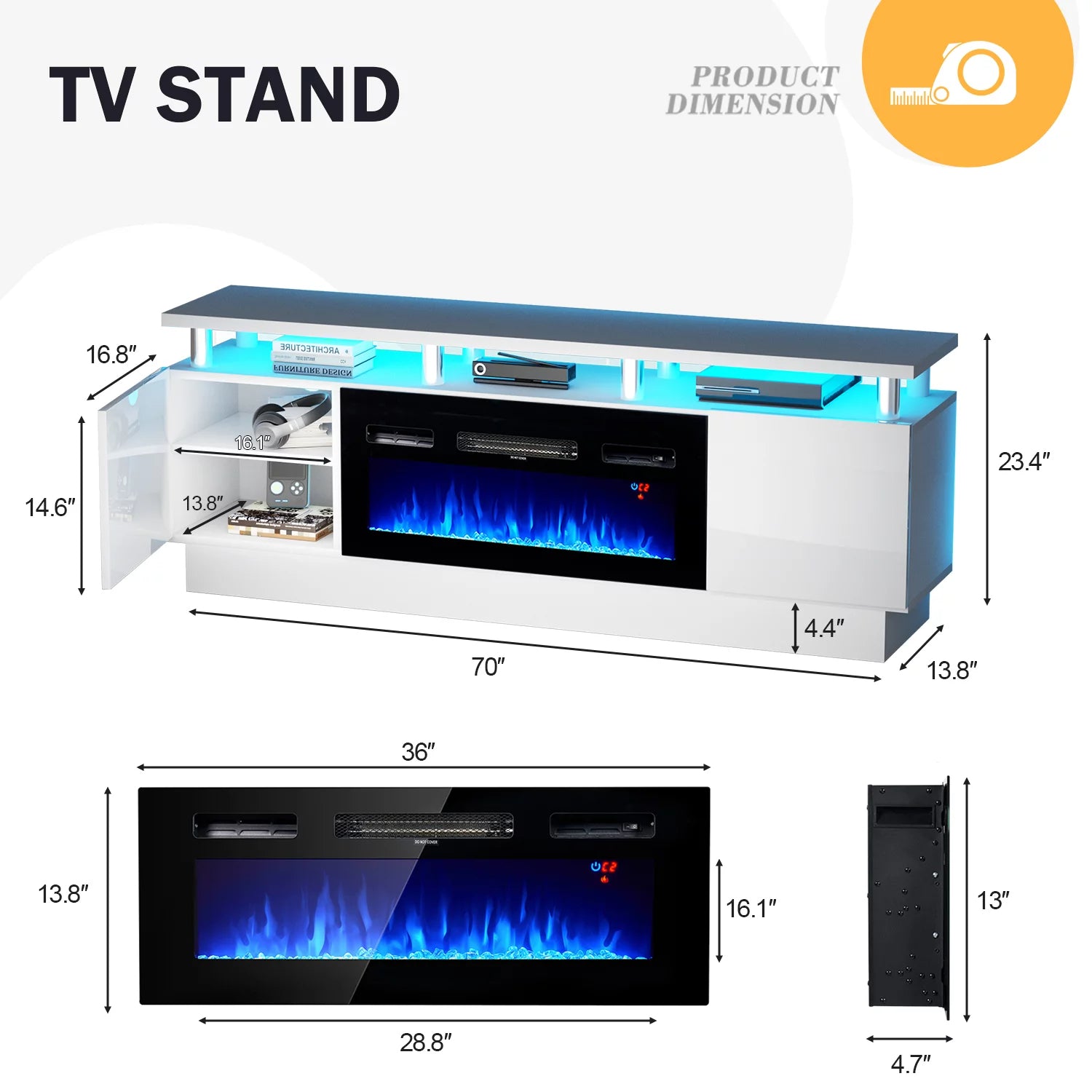 TV Stand with 36" Fireplace and Adjustable Shelves, 12 Led Light Colors, White