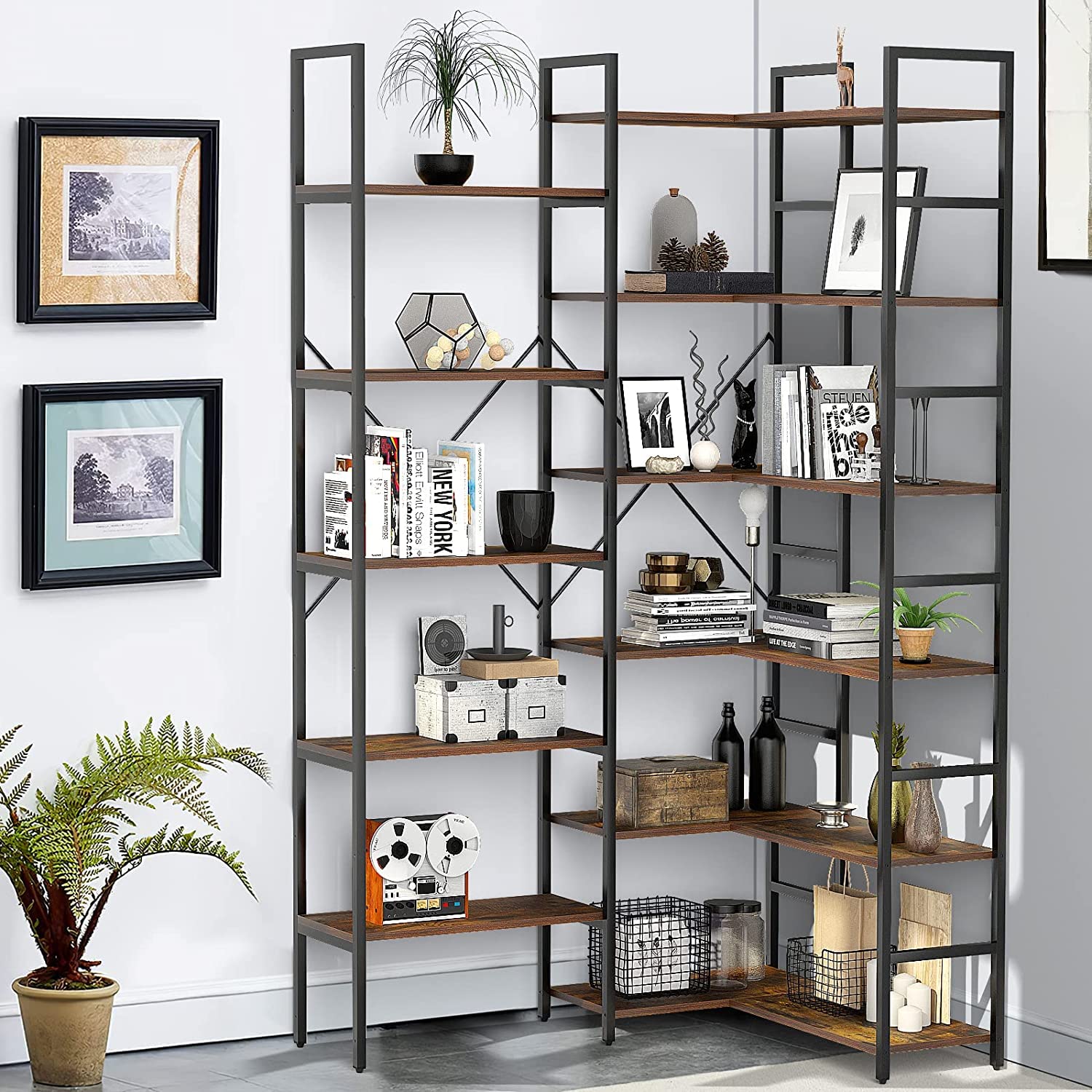 6 Tiers Triple Wide Corner Bookcase with 17 High Quality Solid Open Shelves, Rustic Brown