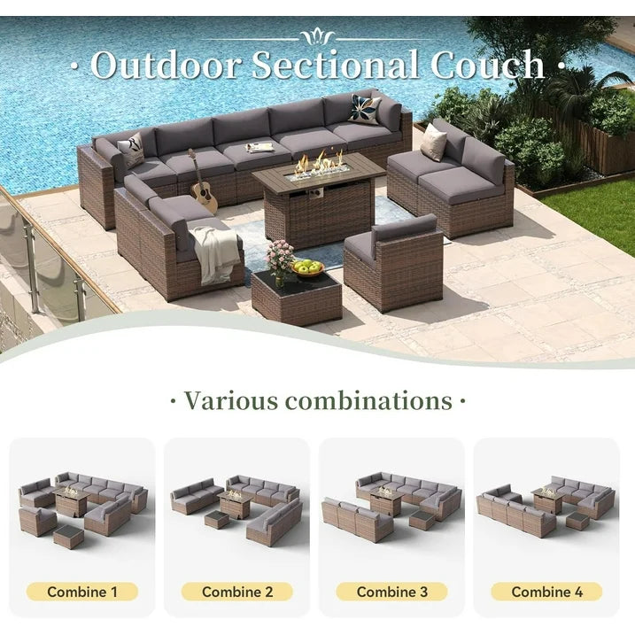 Aoxun 12 Piece Patio Furniture Set with 44” Fire Pit Table Wicker Rattan Outdoor Sectional Sofa Set with Coffee Table and 4” Thickened Cushions, Gray (Waterproof Cover Included)