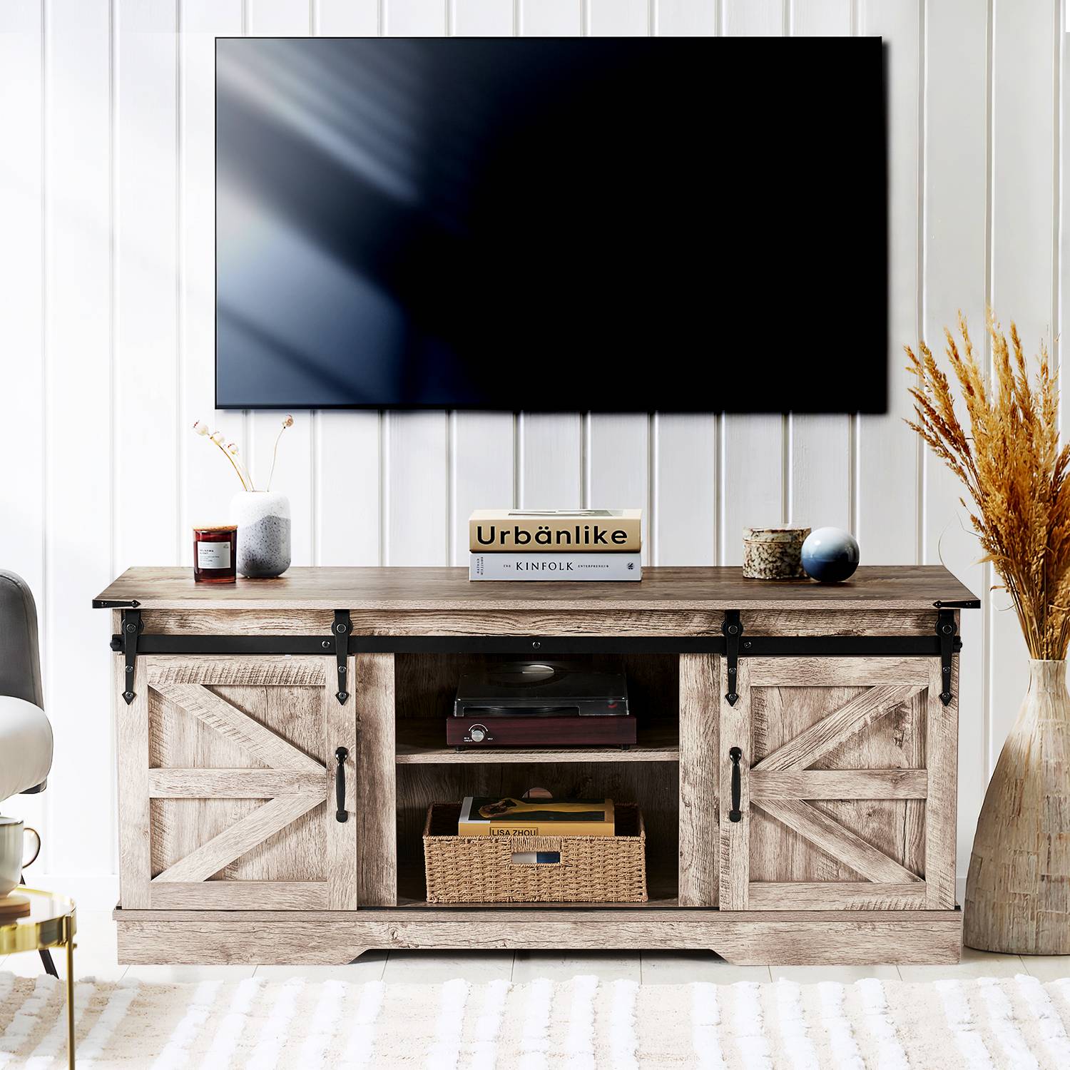 Sonegra 58" Farmhouse TV Stand for TVs up to 65", Sliding Track Doors and Thickened Base,Grey