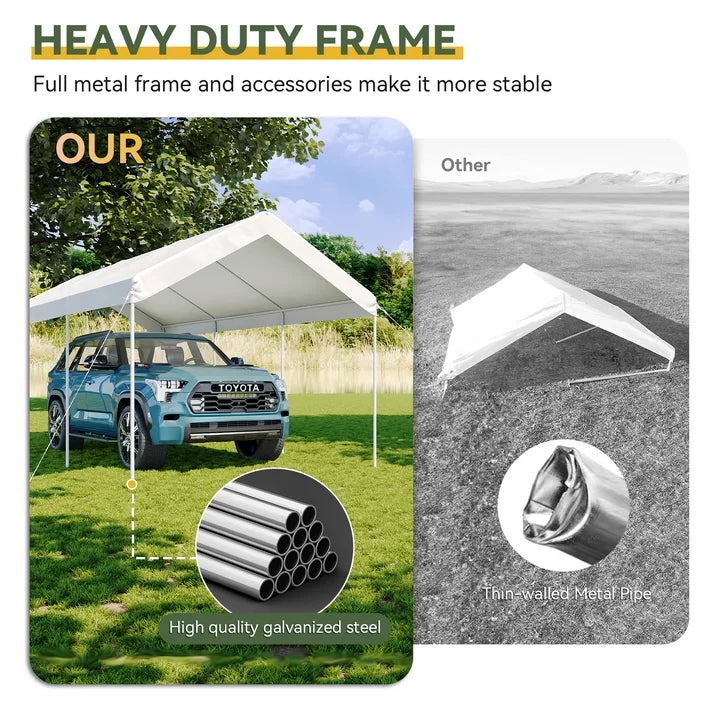 Aoxun 10x20 FT Heavy-Duty Portable Carport, Outdoor Car Canopy Shelter with Waterproof Tarp & Wind Resistant Design, Galvanized Steel Frame for Vehicle, RV, Boat, Truck Cover (White)