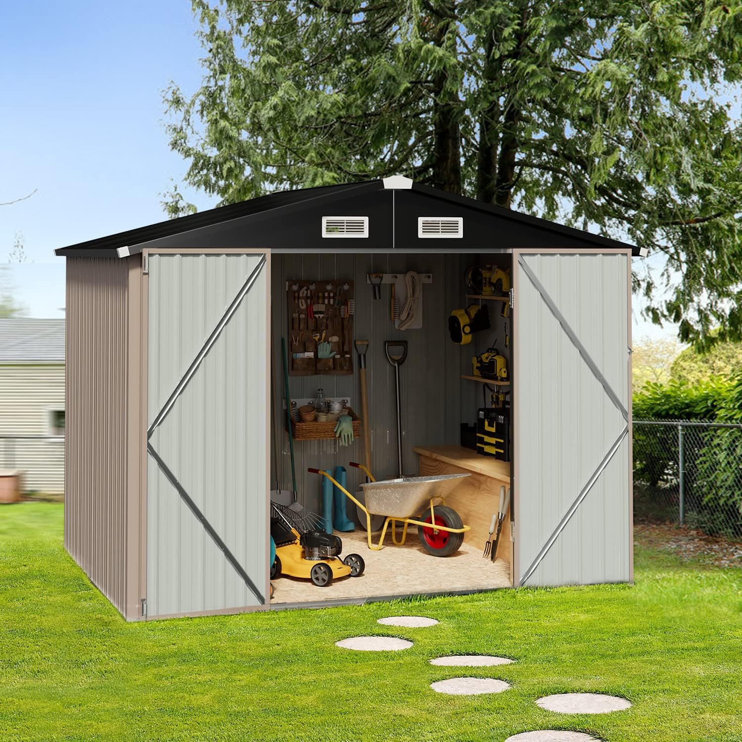 8.5 x 5.6 FT Outdoor Storage Shed, Metal Shed for Garden, Backyard, Patio, Brown