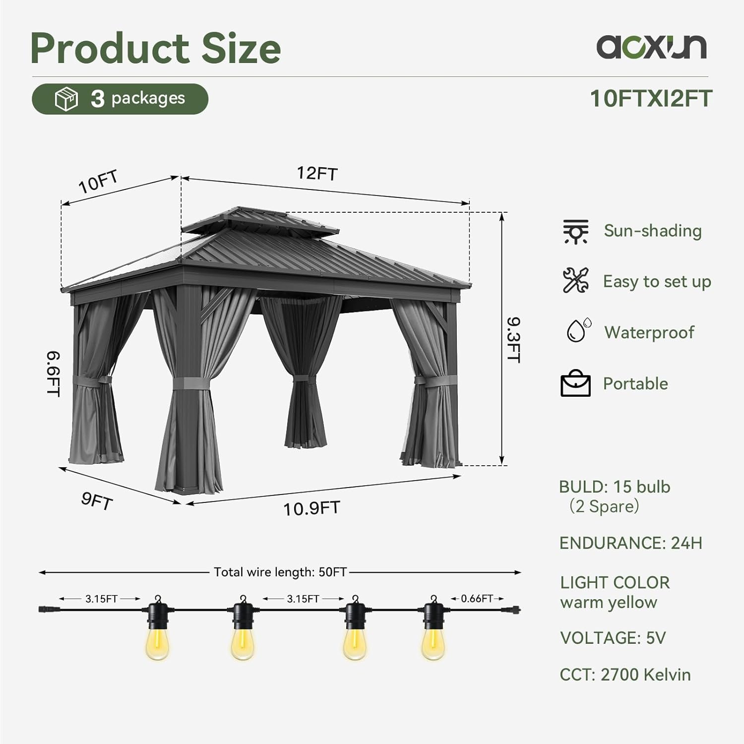 Aoxun 12' X 20' Hardtop Gazebo, Aluminum Outdoor Gazebo with Galvanized Steel Double Roof Canopy, Permanent Metal Pavilion with Privacy Curtain and Netting, for Poolside, Backyard, Square Foundation