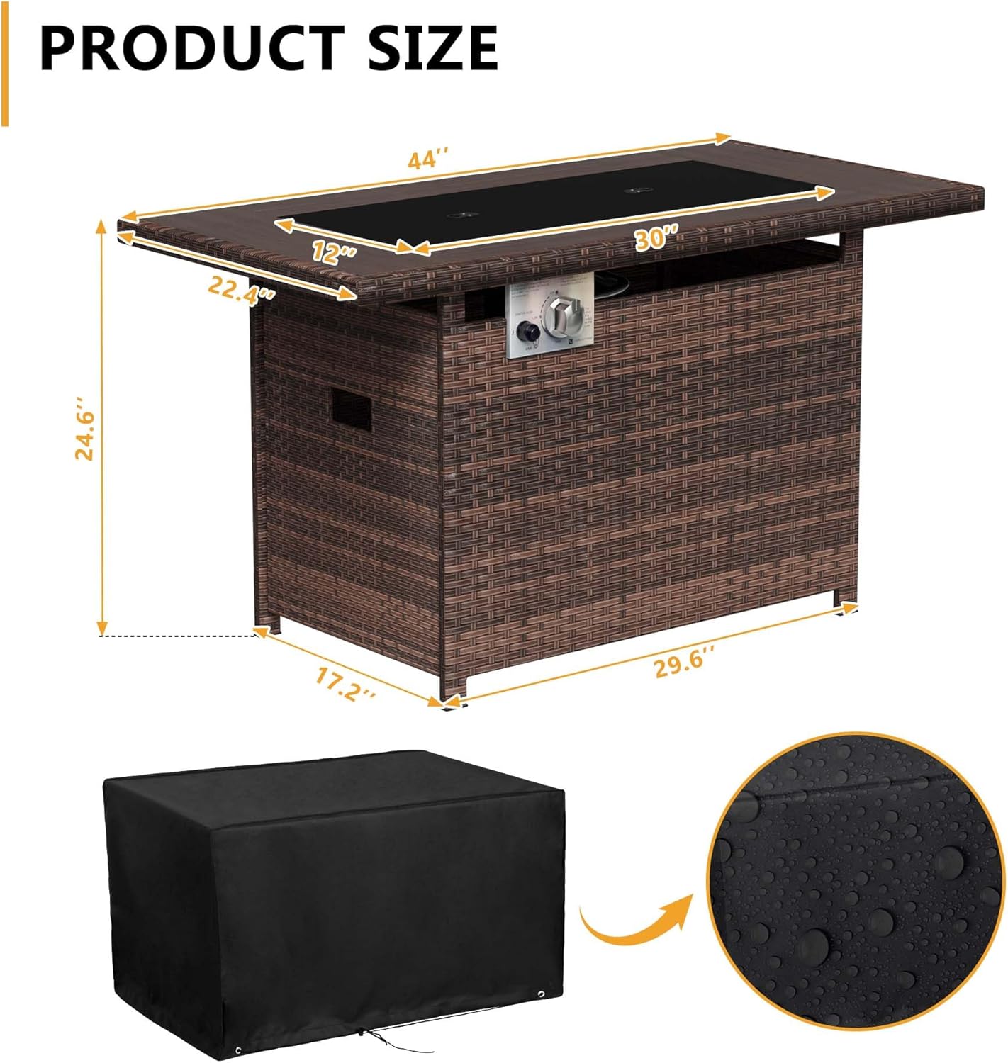 Aoxun 44" Propane Fire Pit with Storage 60,000 BTU Outdoor Wicker Fire Table CSA Certified Patio Rectangular Gas Fire Pit Table with Firepit Lid and Waterproof Cover