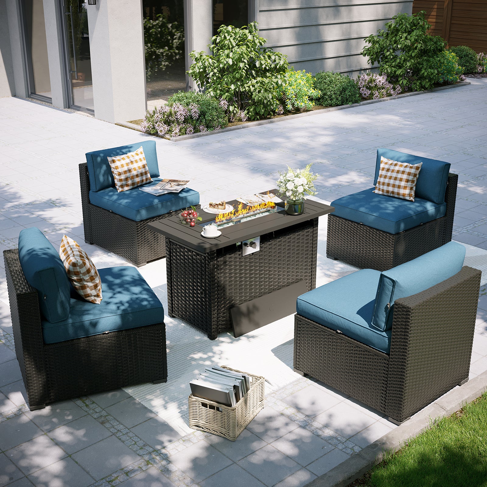 Aoxun Patio Furniture Set, 7 Piece Outdoor Sectional Sofas with Waterprool Cover, Wicker Rattan Outdoor Furniture Patio Conversation Set for Backyard, Garden Peacock Blue
