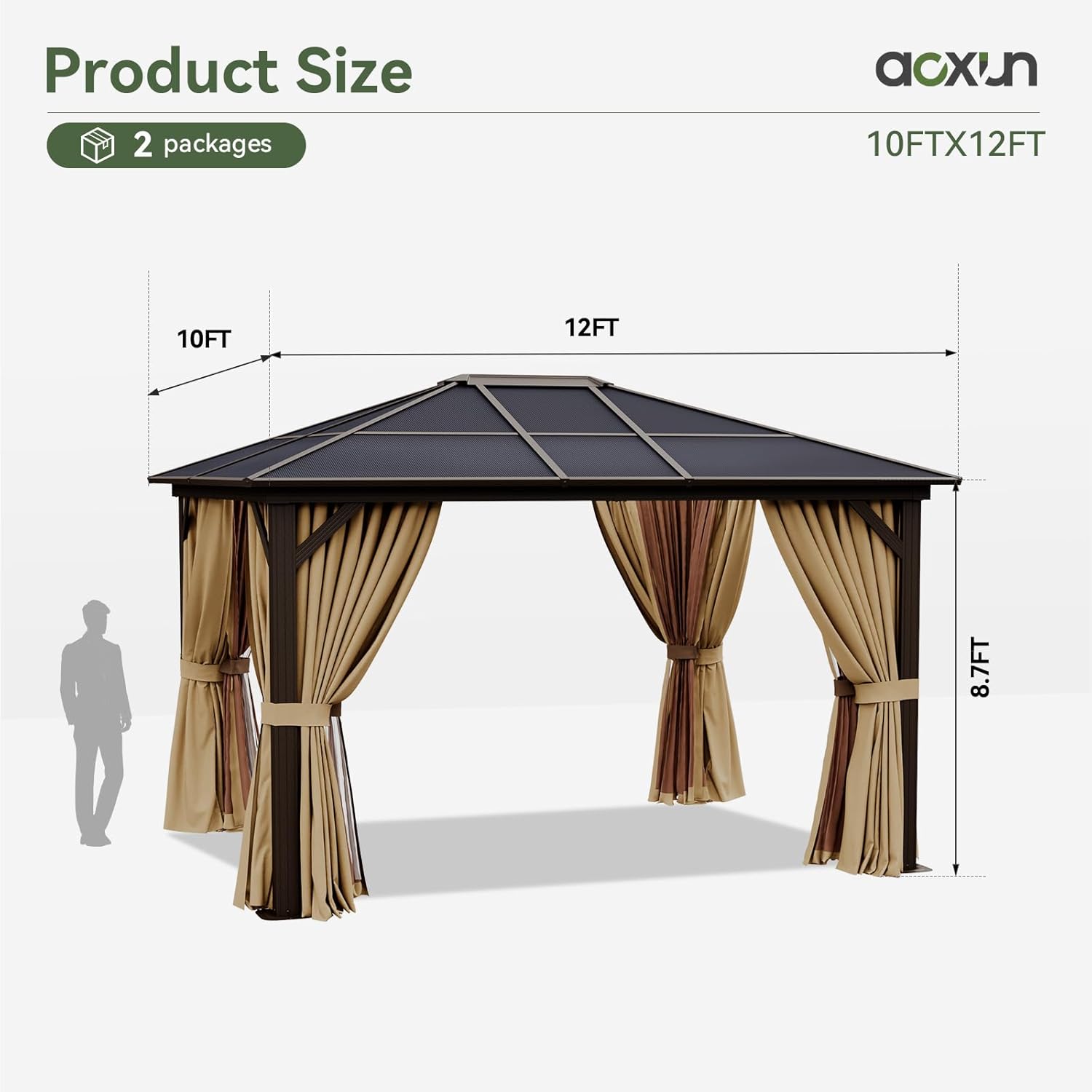 Aoxun 10' x 12' Gazebo Single Polycarbonate Top, Outdoor Aluminum Frame Permanent Gazebo with Curtains and Netting, for Patio, Party, Backyard, Garden and Lawn
