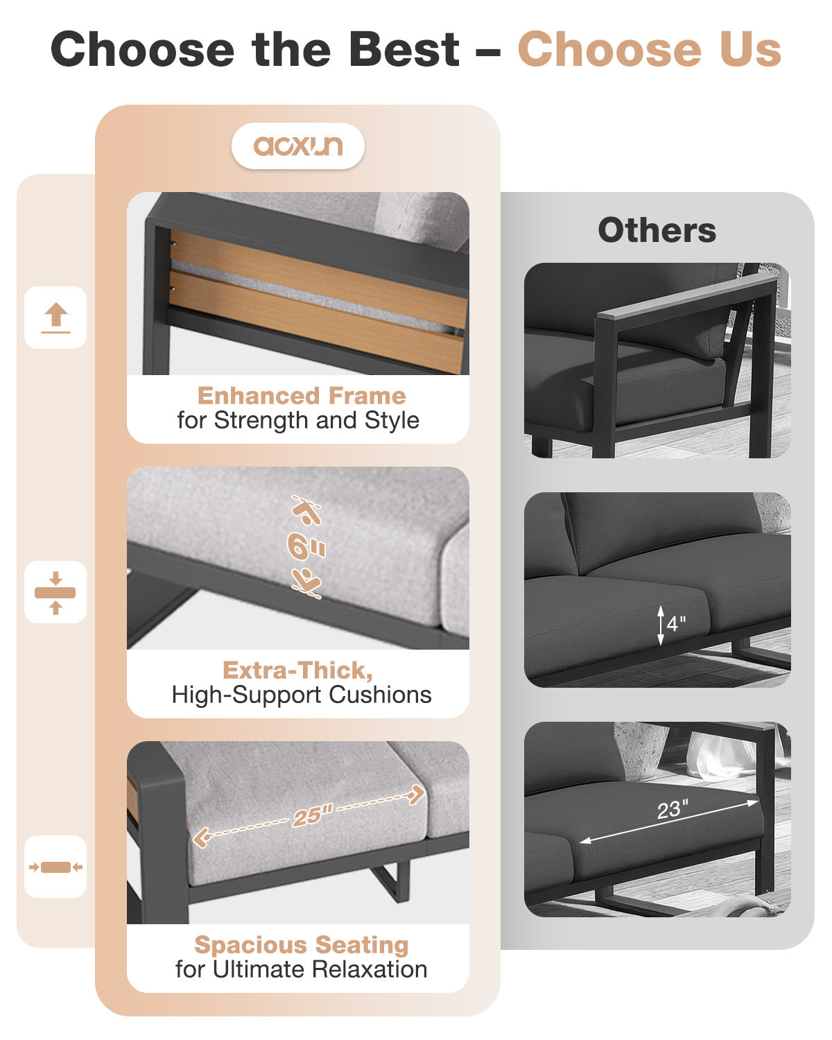 Aoxun Aluminum Patio Furniture Set, 5 Piece Luxury Outdoor Sectional with 6" Olefin Fabric Cushions, patio Conversation Sets with Coffee Table and Waterproof Cover for Backyard, Porch Dark Grey