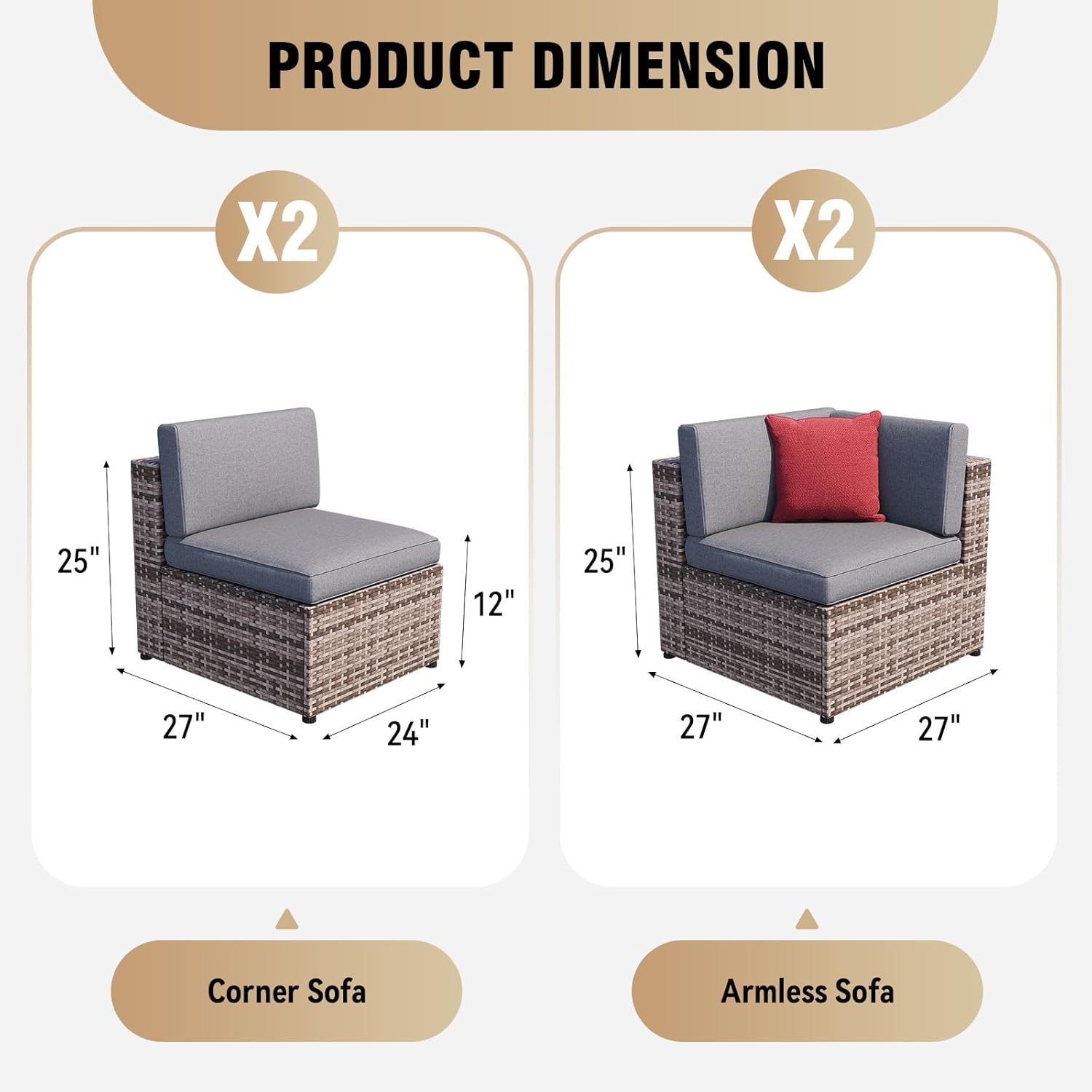 Aoxun 4 Piece Patio Furniture Set, Wicker Outdoor Furniture Set with 2 Pillows, Small Patio Sectional Outdoor Couch for Garden, Backyard, Porch,Grey