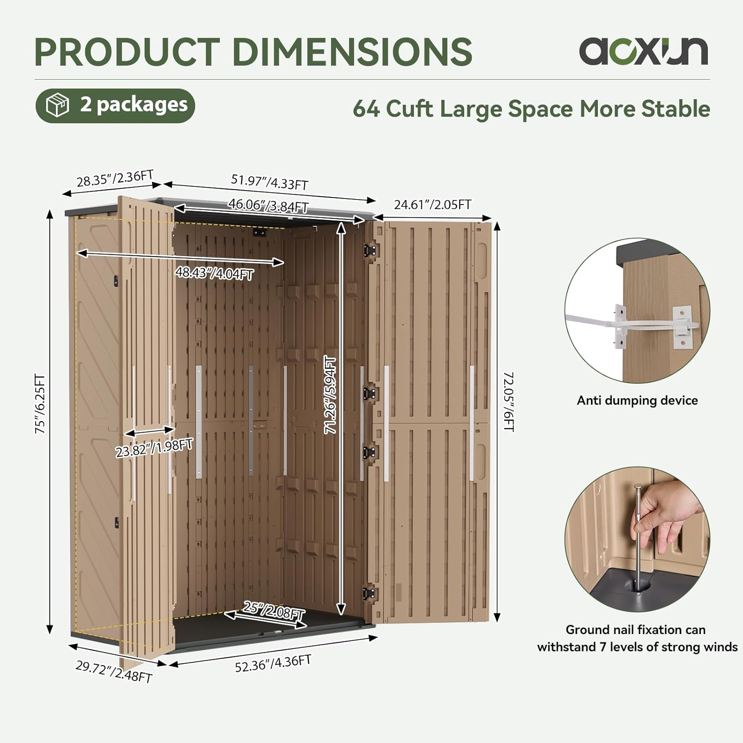 Aoxun Outdoor Storage Shed with Floor, 64 Cu.Ft Large Outdoor Storage Cabinet, Waterproof Vertical Resin Shed for Garden Tools, Pool Equipment, Brown