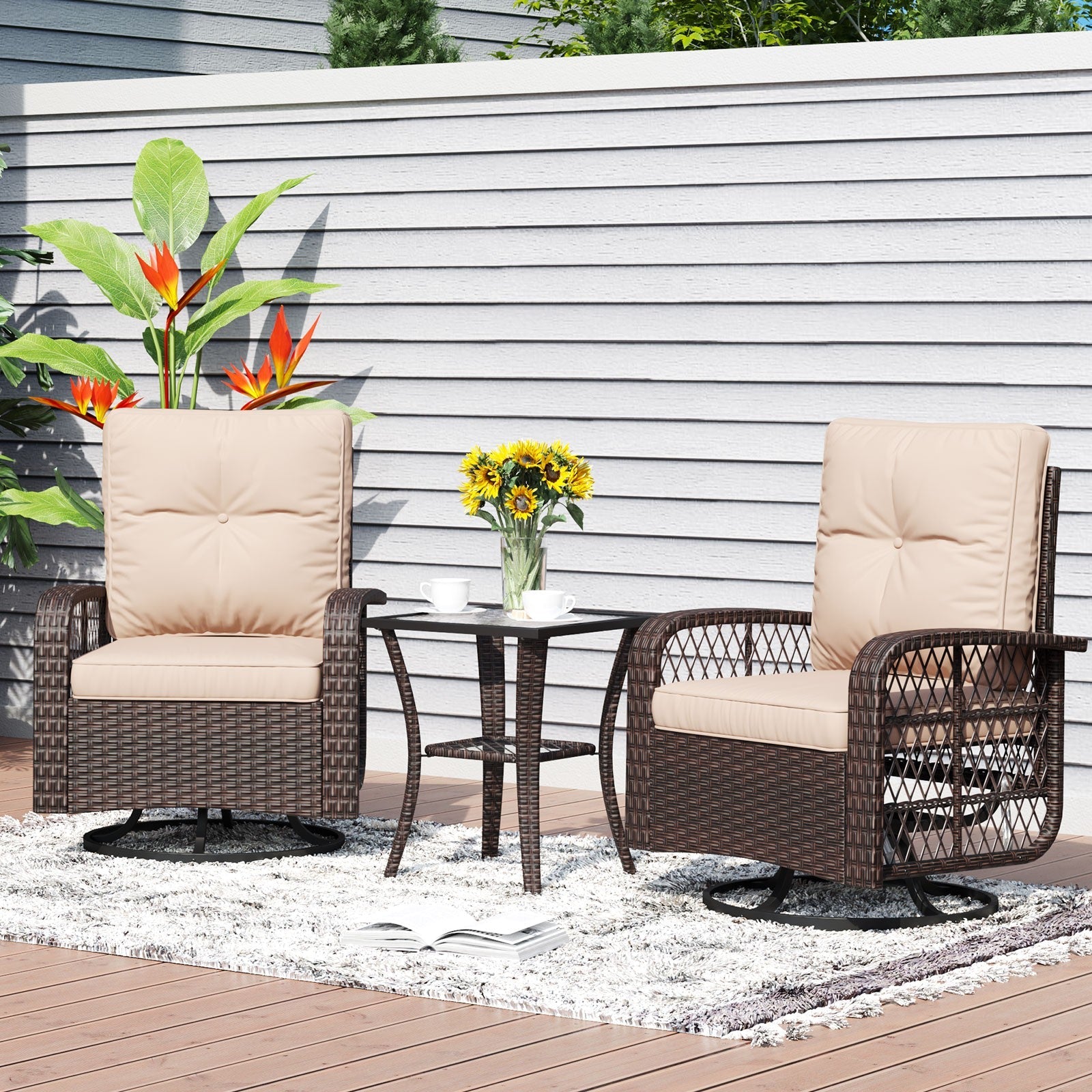 Rocking Rattan Swivel Chair Set with Coffee Table & Optional Ottomans