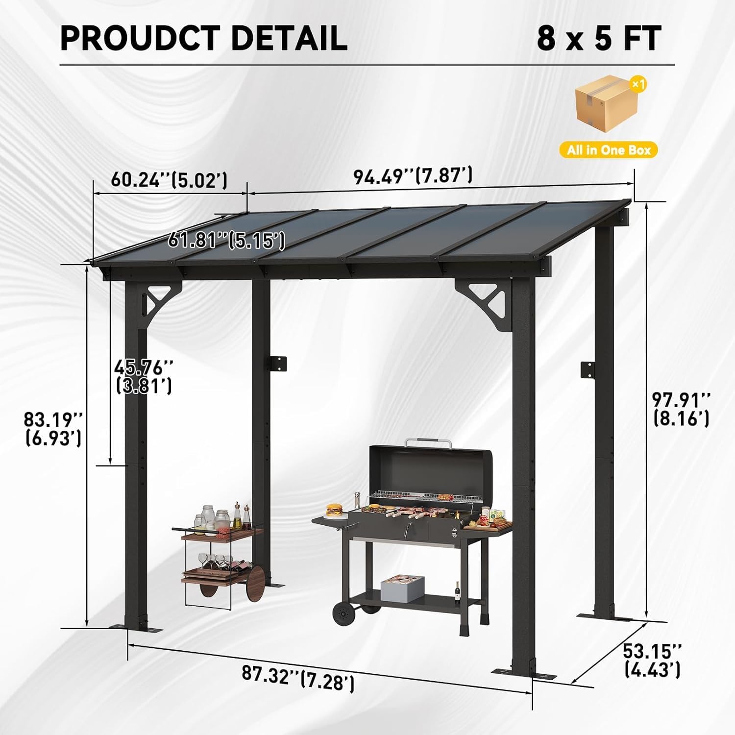 Aoxun 5’x 8’ Premium Gazebo with Aluminum Top Frame & Polycarbonate Panel, Wall Mounted Gazebos Pergola, Outdoor Patio Lean to Gazebo, Awnings with Sloped Roof, for Backyard, Porch, Deck