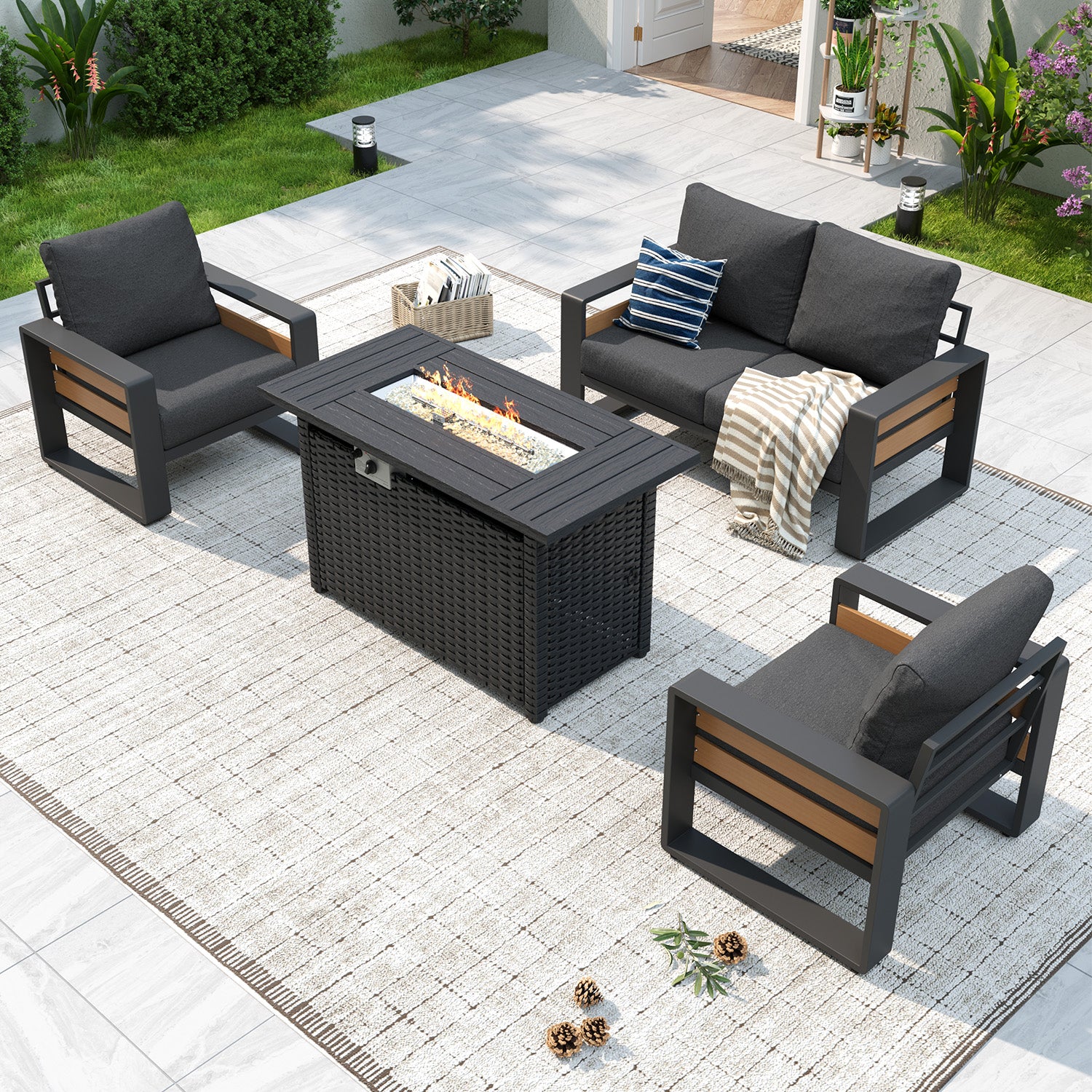 Aoxun Aluminum Patio Furniture Set, 5 Piece Luxury Outdoor Sectional with 6" Olefin Fabric Cushions, patio Conversation Sets with Coffee Table and Waterproof Cover for Backyard, Porch Dark Grey