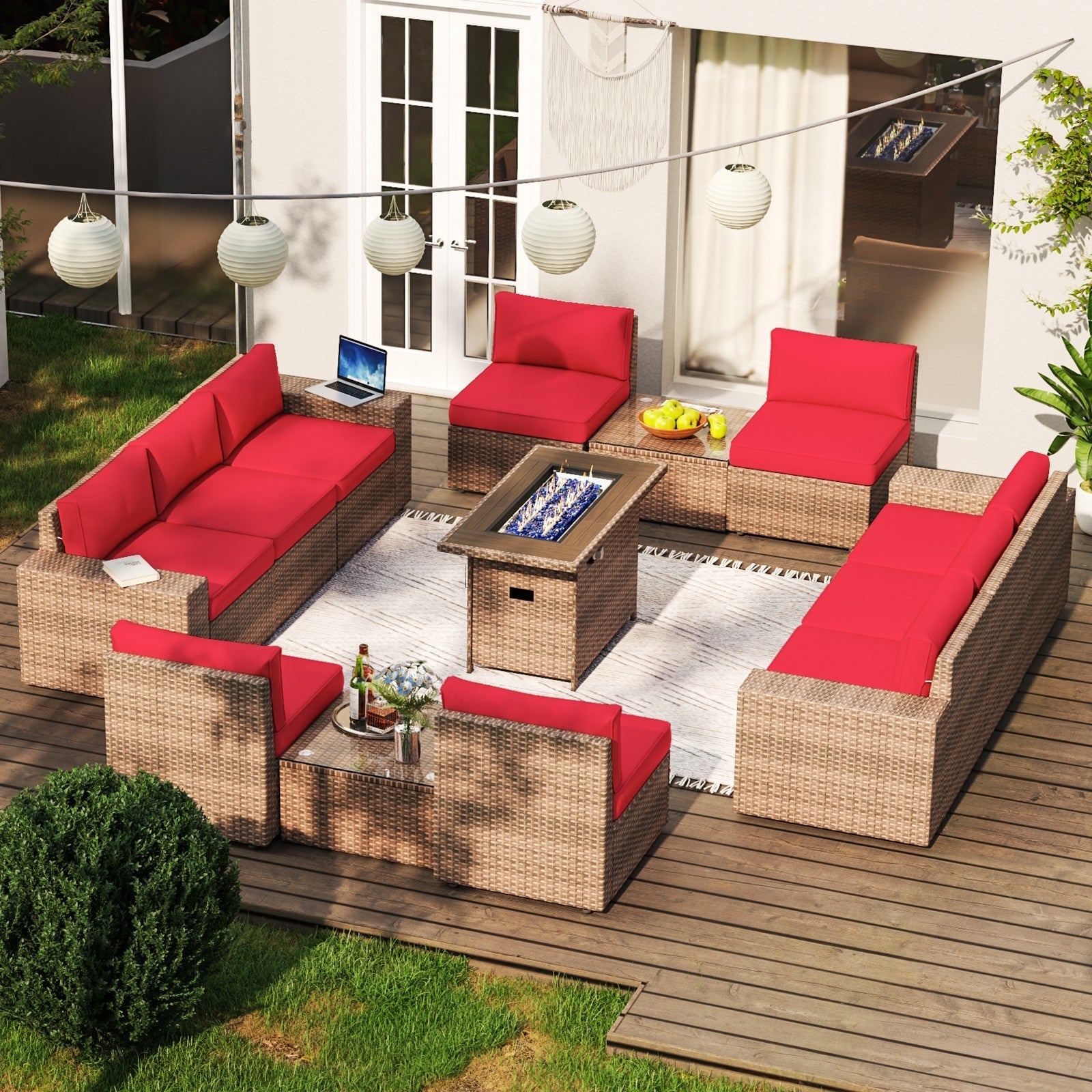 13 Pieces Wicker Rattan Outdoor Furniture with 44” Fire Pit Table Patio Sectional Sofa Set with Thickened Cushions and Tempered Glass Coffee Table (Blue/Red/Beige)