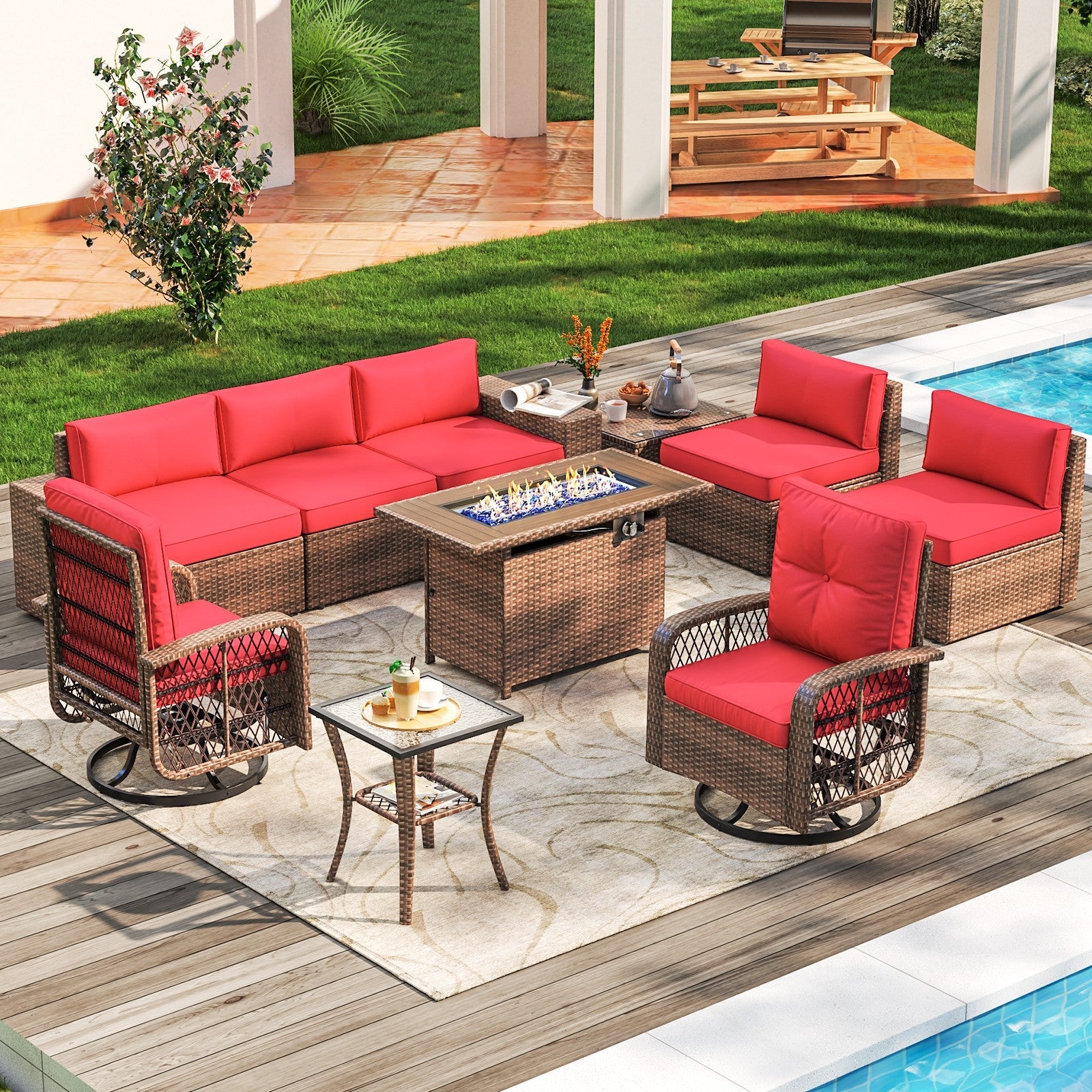10 Pieces Patio Furniture Set Wicker Rattan Outdoor Furniture with Fire Pit Table Patio Sectional Sofa with Swivel Rocking Chairs for Deck, Backyard and Garden (Beige/Blue/Red)