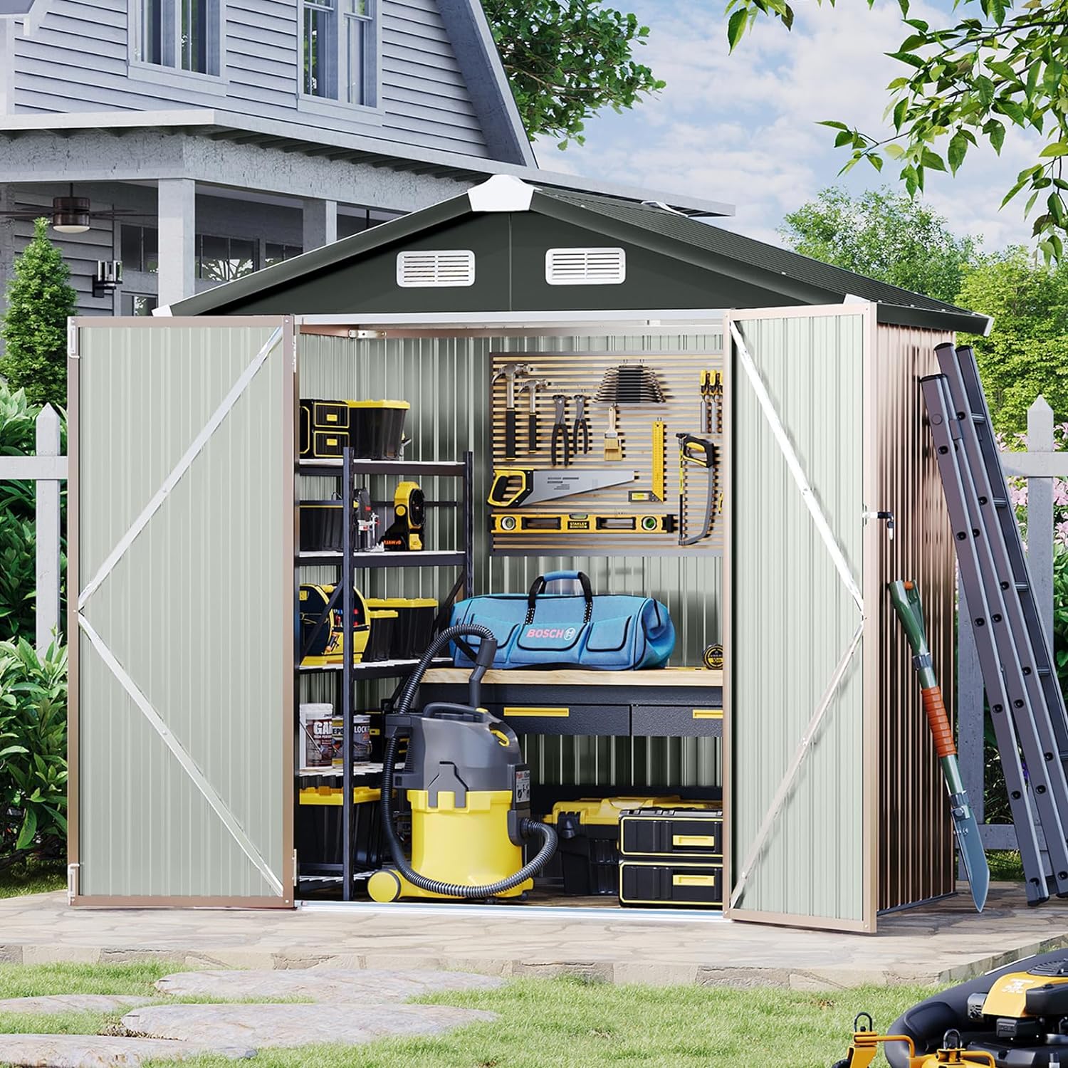 Utility Metal Shed, Steel Tool Shed with Air Vent and Lockable Door