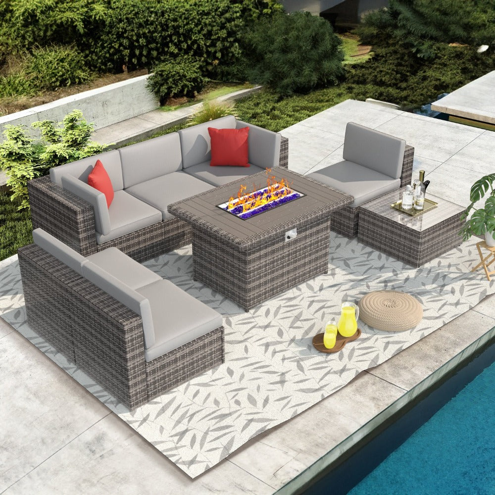 7 Pieces Wicker Patio Sofa Sets with Washable Cushions & Glass Coffee Table, Grey
