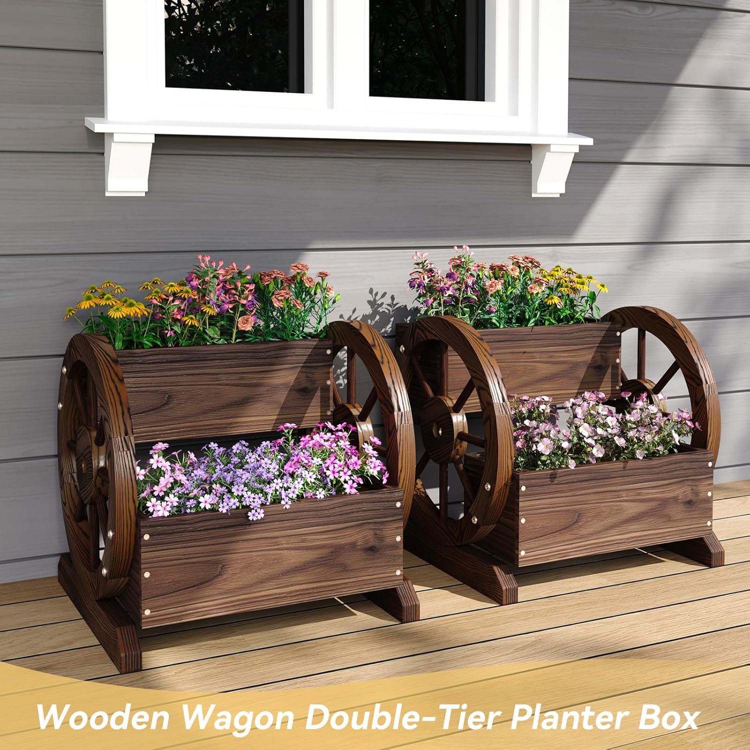 Wooden Wagon Planter Box, Outdoor Plants, Garden Decor for Outside, Flower Pots, Patio Decoration, Herb Cart with Rustic Wood Wheels, Porch Décor Accessories