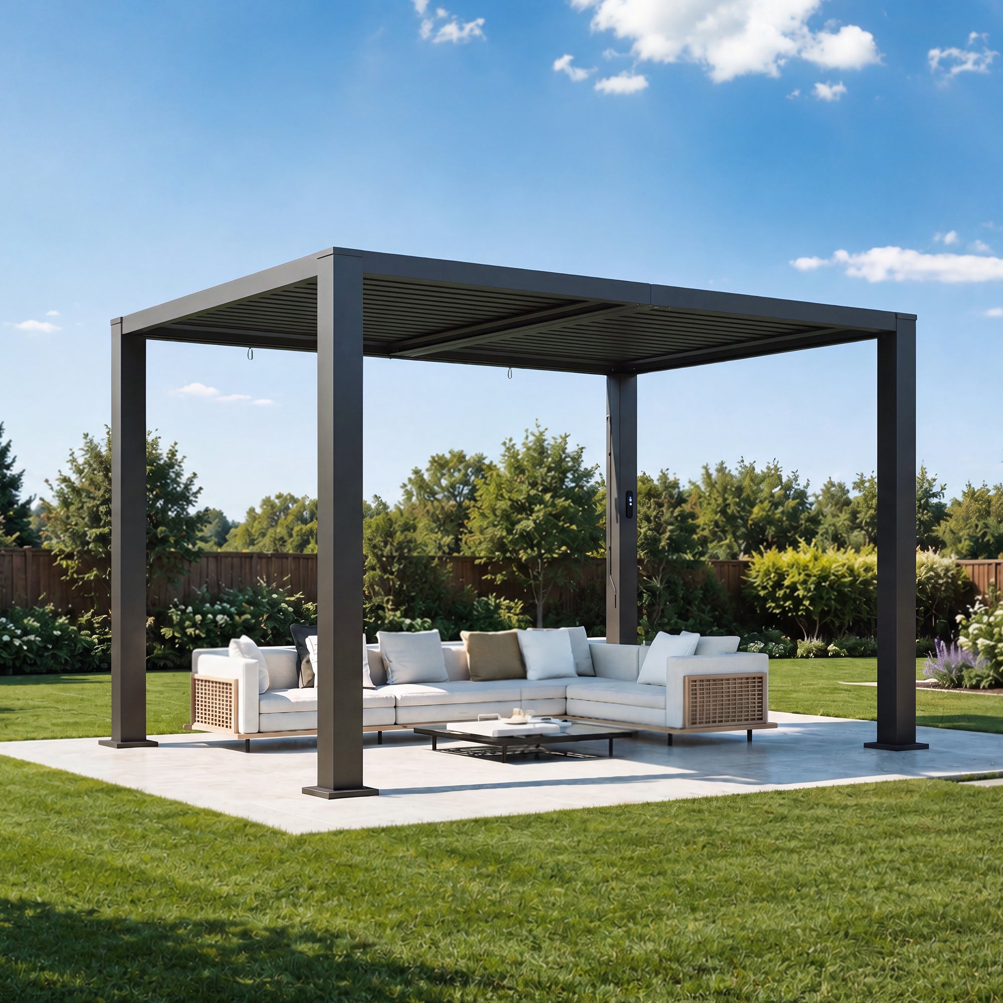 Aoxun Motorized Louvered Pergola 9' x 12' | Electric Retractable Outdoor Pergola with 2 Independent Adjustable Roofs, Built-in LED Lights, Rust-Resistant Frame for Patio