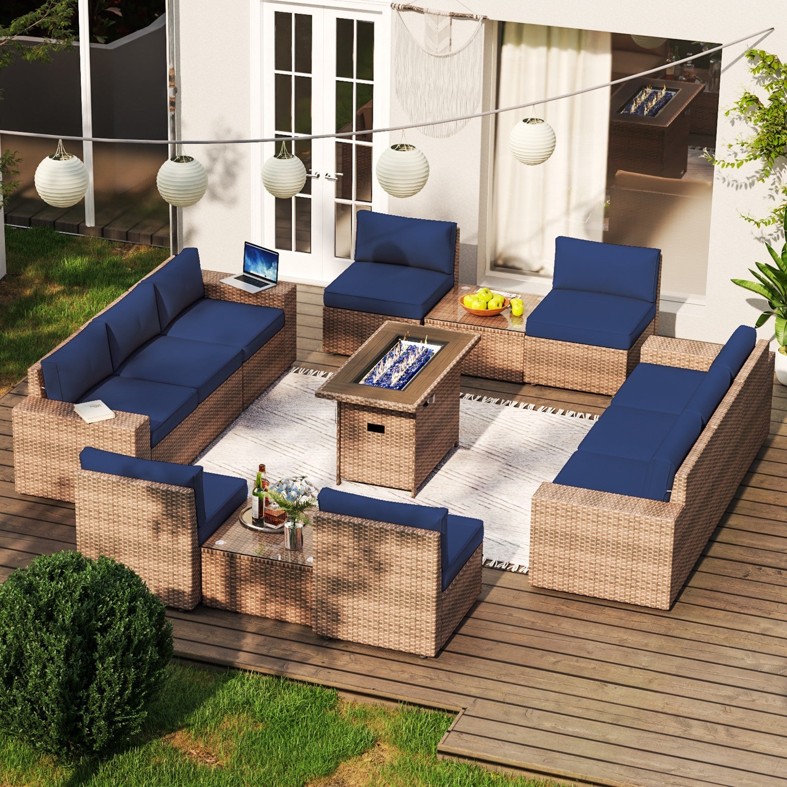 13 Pieces Wicker Rattan Outdoor Furniture with 44” Fire Pit Table Patio Sectional Sofa Set with Thickened Cushions and Tempered Glass Coffee Table (Blue/Red/Beige)