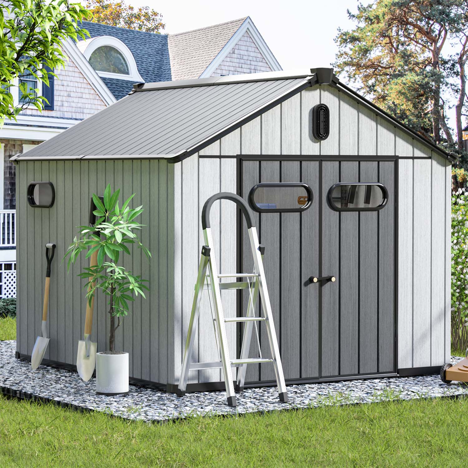 8' x 10'  Resin Tool Shed, Polypropylene Storage Shed with Lockable Doors, Floor Included, Grey